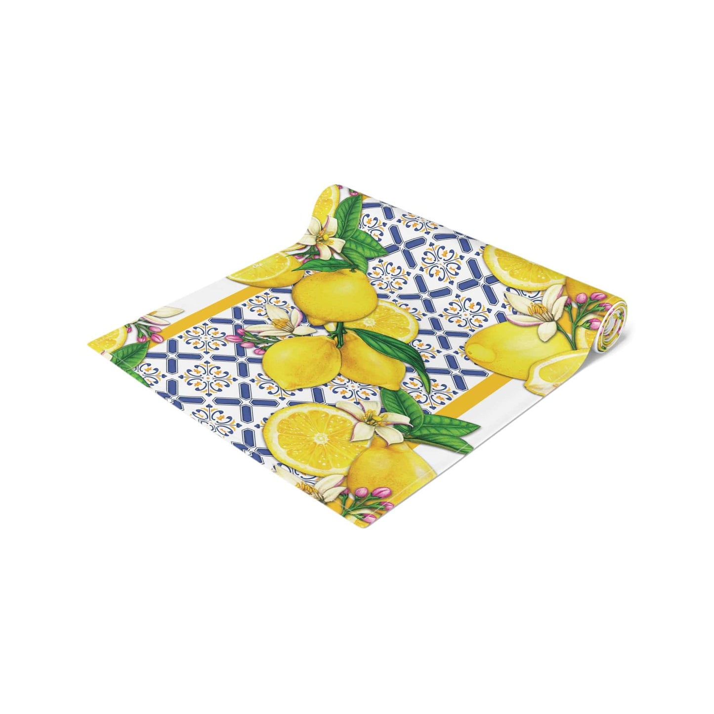 Kate McEnroe New York Cobalt Blue and Yellow Lemon and Tiles Table Runner, Mediterranean Floral Dining Table Centerpiece, Fall Home Decor, Holiday Table Setting Table Runners