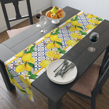 Kate McEnroe New York Cobalt Blue and Yellow Lemon and Tiles Table Runner, Mediterranean Floral Dining Table Centerpiece, Fall Home Decor, Holiday Table Setting Table Runners