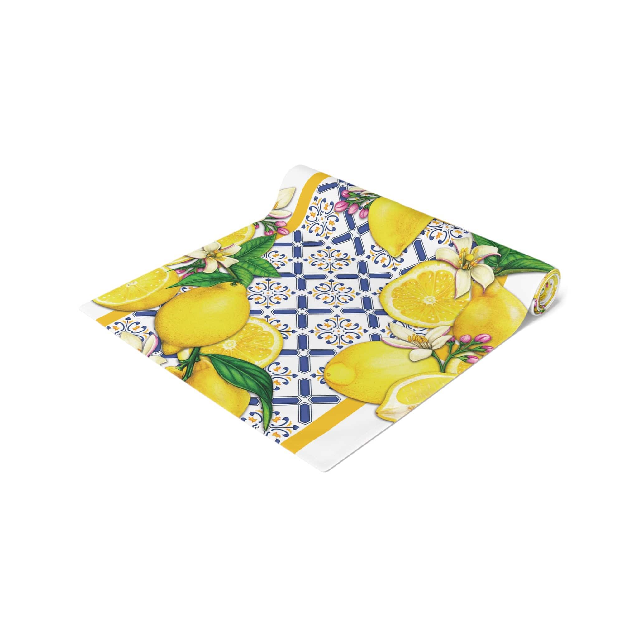 Printify Cobalt Blue and Yellow Lemon and Tiles Table Runner, Mediterranean Floral Dining Table Centerpiece, Fall Home Decor, Holiday Table Setting Home Decor
