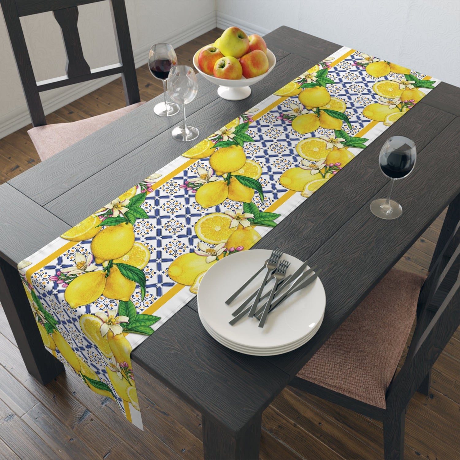 Kate McEnroe New York Cobalt Blue and Yellow Lemon and Tiles Table Runner, Mediterranean Floral Dining Table Centerpiece, Fall Home Decor, Holiday Table SettingTable Runners30121286565349553077