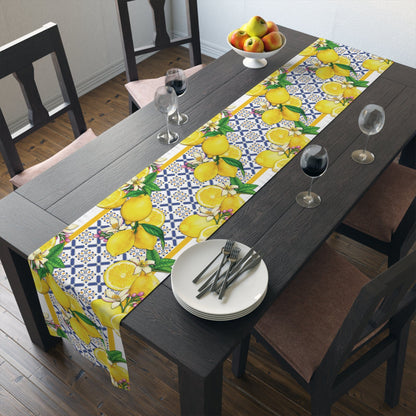 Kate McEnroe New York Cobalt Blue and Yellow Lemon and Tiles Table Runner, Mediterranean Floral Dining Table Centerpiece, Fall Home Decor, Holiday Table SettingTable Runners30121286565349553077