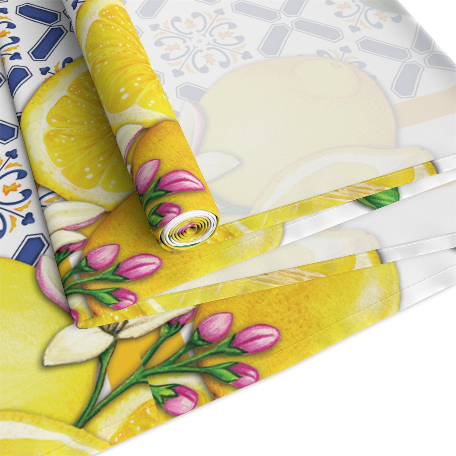 Kate McEnroe New York Cobalt Blue and Yellow Lemon and Tiles Table Runner, Mediterranean Floral Dining Table Centerpiece, Fall Home Decor, Holiday Table SettingTable Runners30121286565349553077