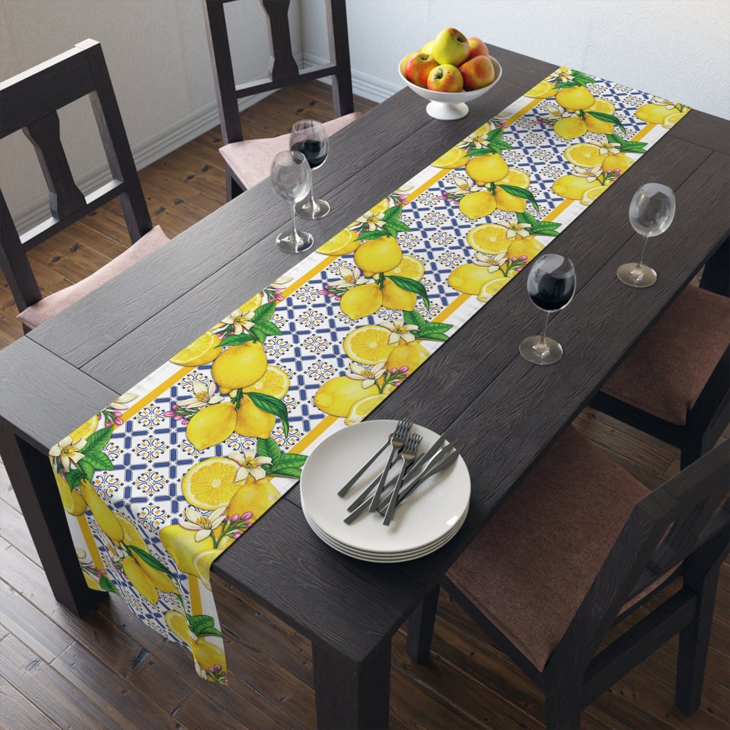 Kate McEnroe New York Cobalt Blue and Yellow Lemon and Tiles Table Runner, Mediterranean Floral Dining Table Centerpiece, Fall Home Decor, Holiday Table SettingTable Runners32773695513184694539