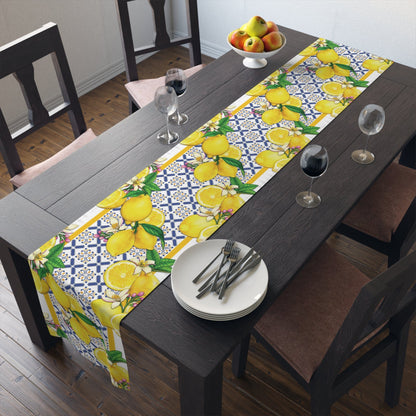 Kate McEnroe New York Cobalt Blue and Yellow Lemon and Tiles Table Runner, Mediterranean Floral Dining Table Centerpiece, Fall Home Decor, Holiday Table SettingTable Runners32773695513184694539