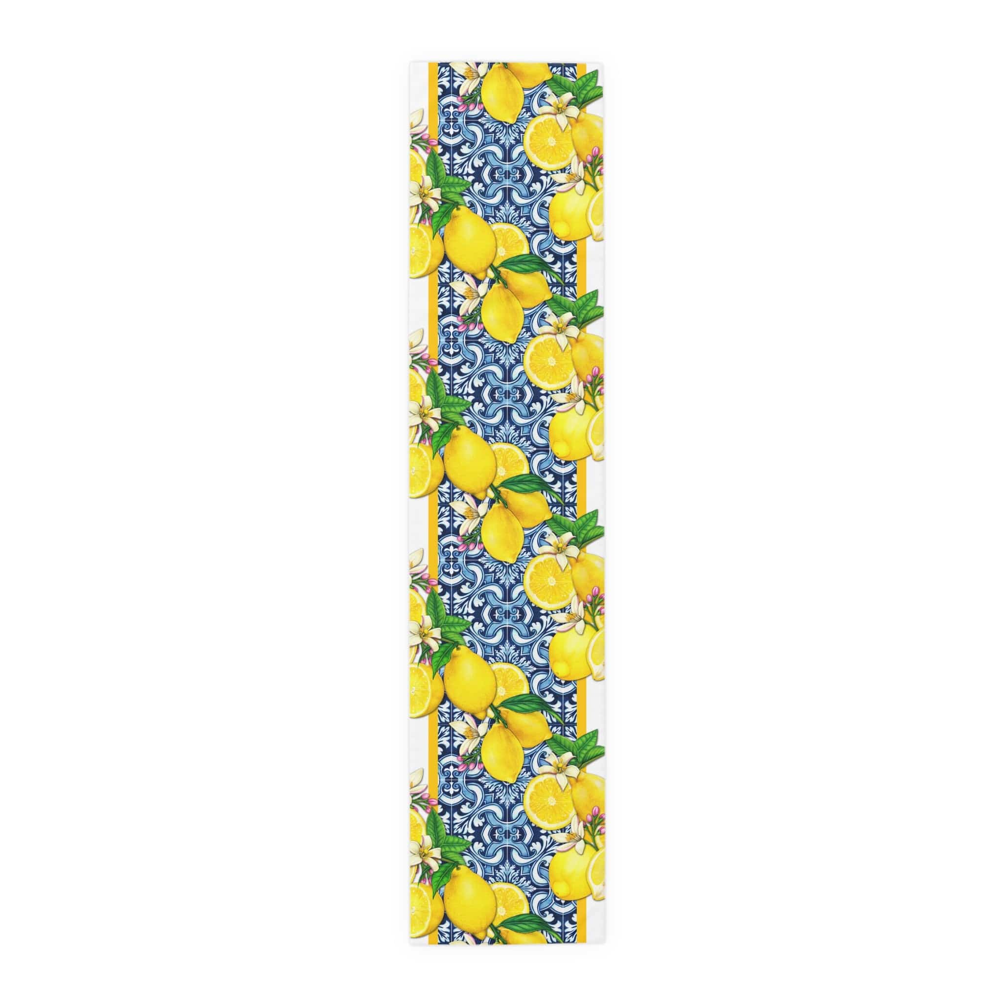 Kate McEnroe New York Cobalt Blue and Yellow Lemon &amp; Tiles Table Runner, Cotton Twill or Polyester, Mediterranean Citrus Floral Dining Table Centerpiece, Unique GiftsTable Runners59844087701463039373