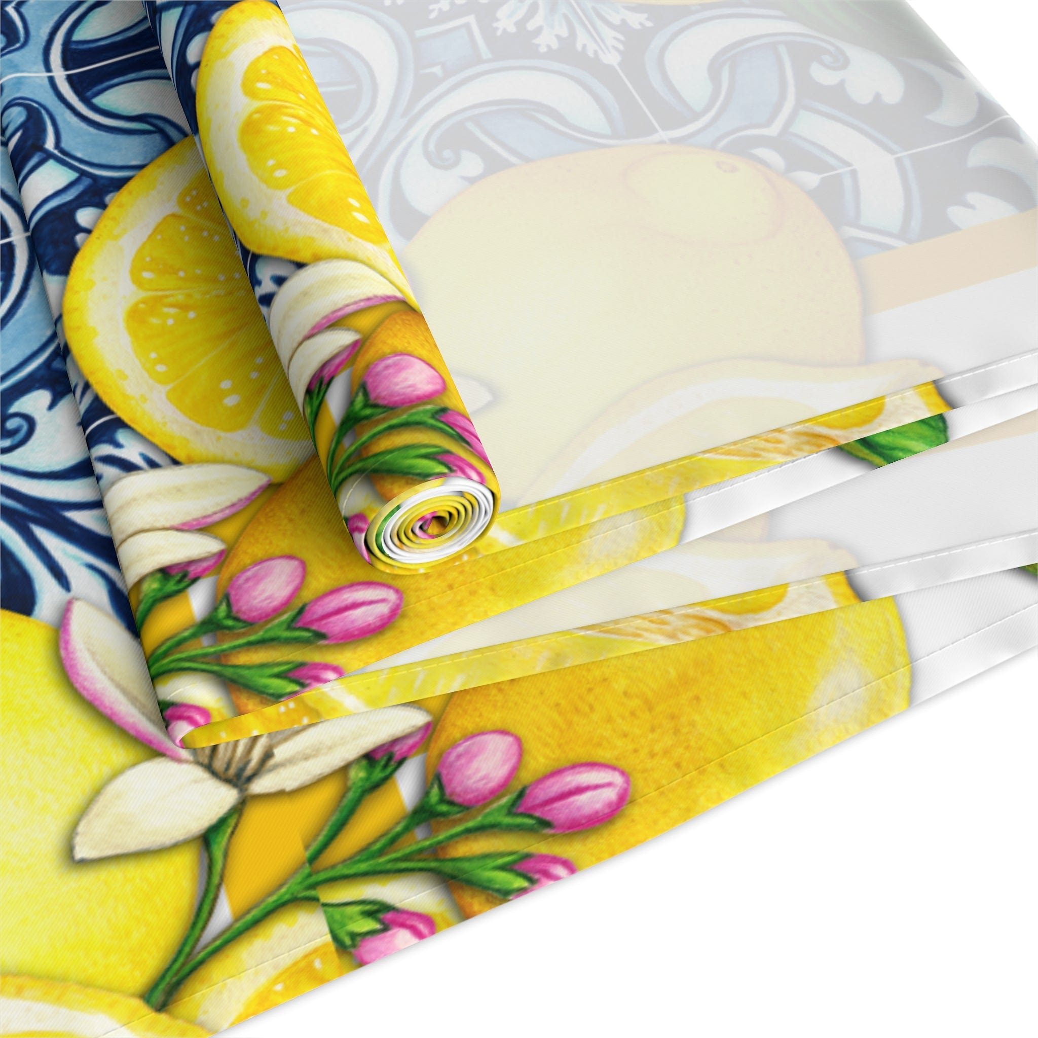 Kate McEnroe New York Cobalt Blue and Yellow Lemon &amp; Tiles Table Runner, Cotton Twill or Polyester, Mediterranean Citrus Floral Dining Table Centerpiece, Unique GiftsTable Runners59844087701463039373