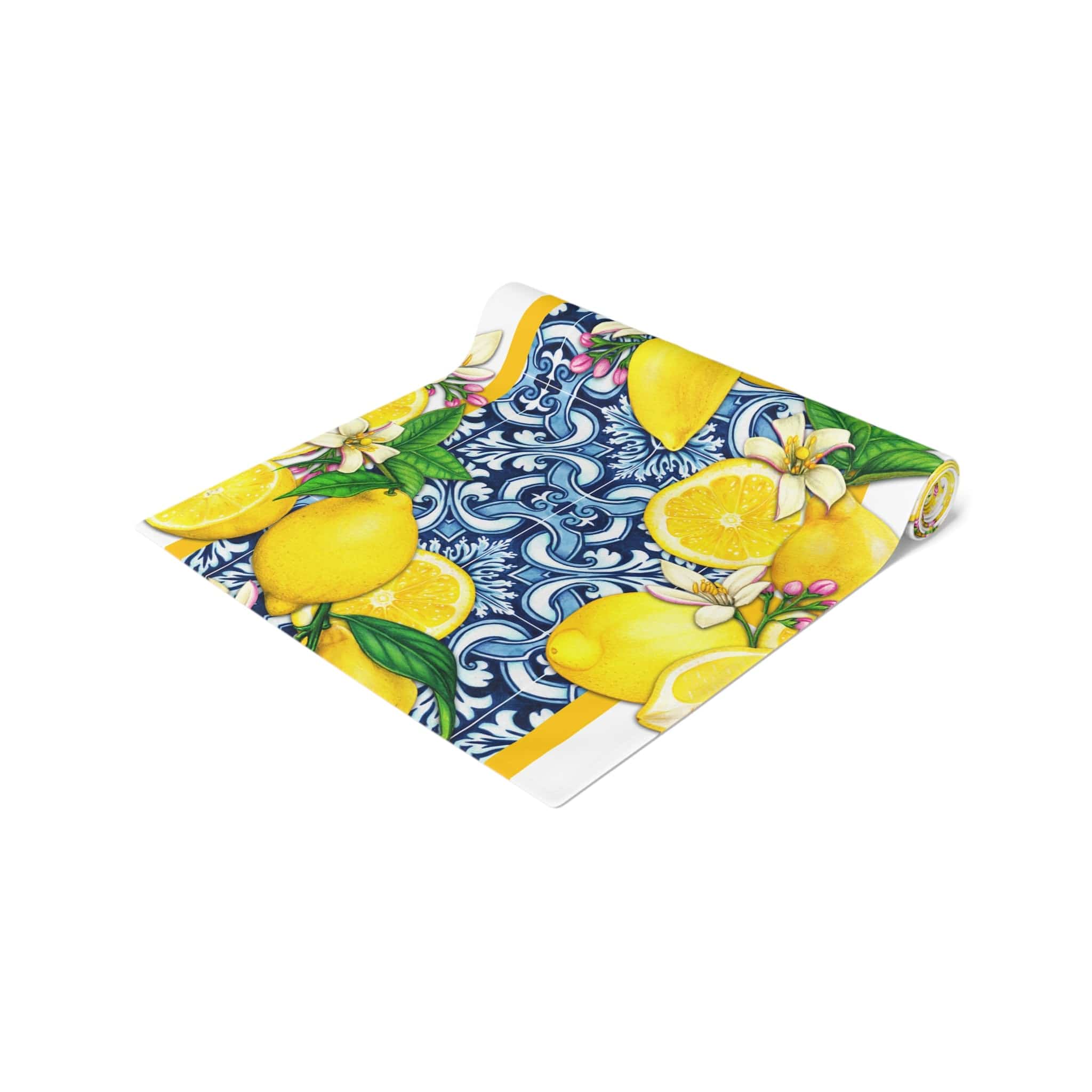 Kate McEnroe New York Cobalt Blue and Yellow Lemon &amp; Tiles Table Runner, Cotton Twill or Polyester, Mediterranean Citrus Floral Dining Table Centerpiece, Unique GiftsTable Runners59844087701463039373