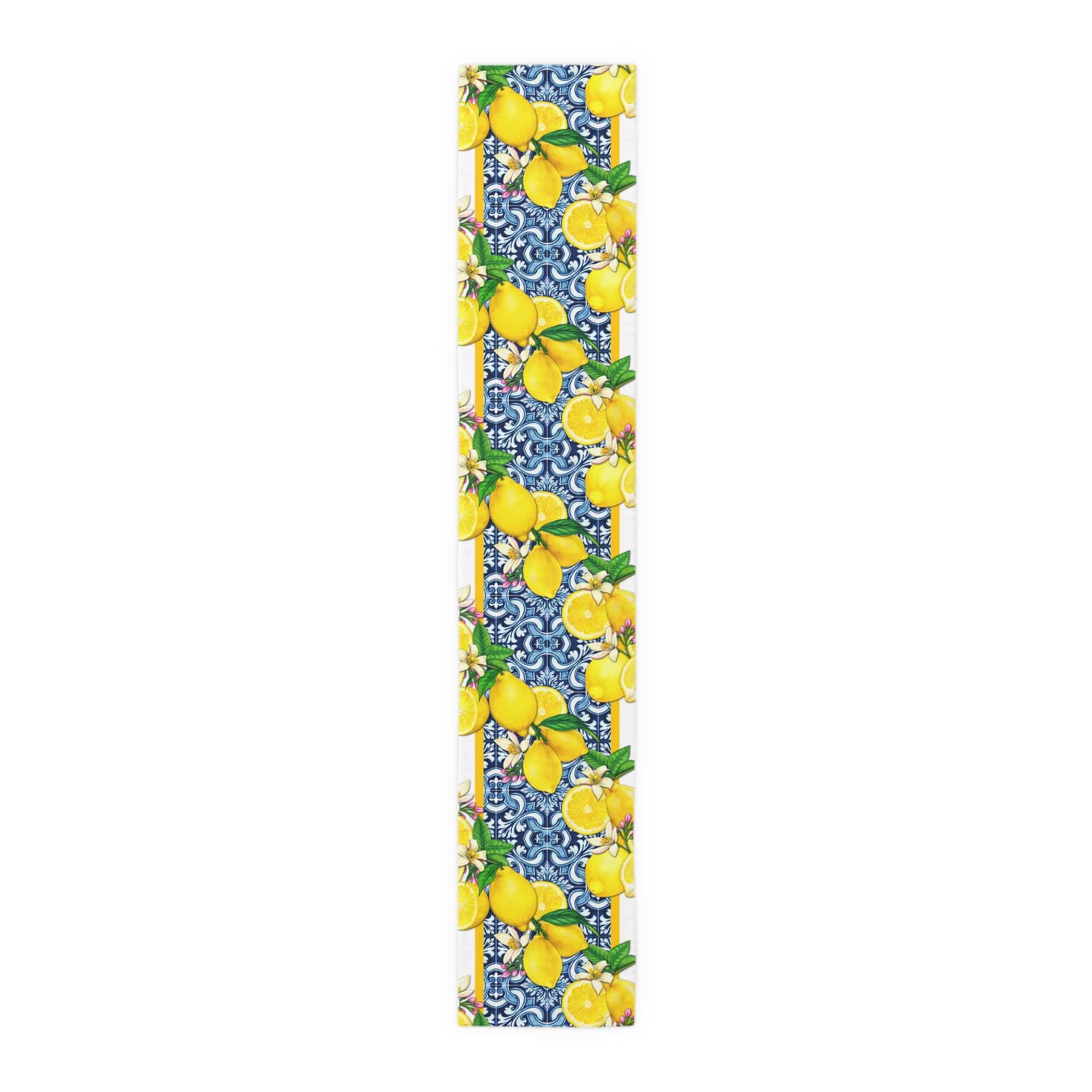 Kate McEnroe New York Cobalt Blue and Yellow Lemon &amp; Tiles Table Runner, Cotton Twill or Polyester, Mediterranean Citrus Floral Dining Table Centerpiece, Unique GiftsTable Runners59844087701463039373
