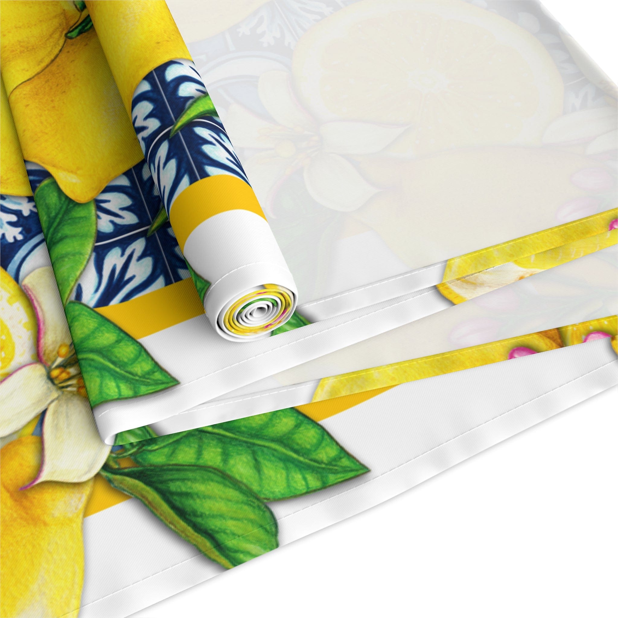 Kate McEnroe New York Cobalt Blue and Yellow Lemon &amp; Tiles Table Runner, Cotton Twill or Polyester, Mediterranean Citrus Floral Dining Table Centerpiece, Unique GiftsTable Runners59844087701463039373