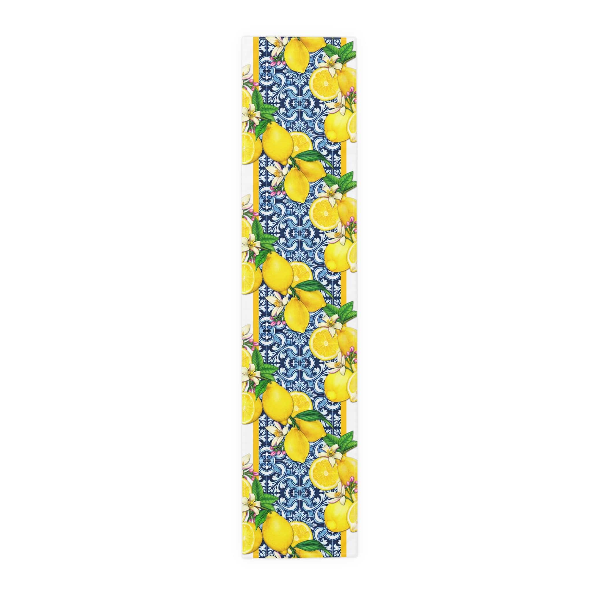 Kate McEnroe New York Cobalt Blue and Yellow Lemon &amp; Tiles Table Runner, Cotton Twill or Polyester, Mediterranean Citrus Floral Dining Table Centerpiece, Unique GiftsTable Runners59844087701463039373