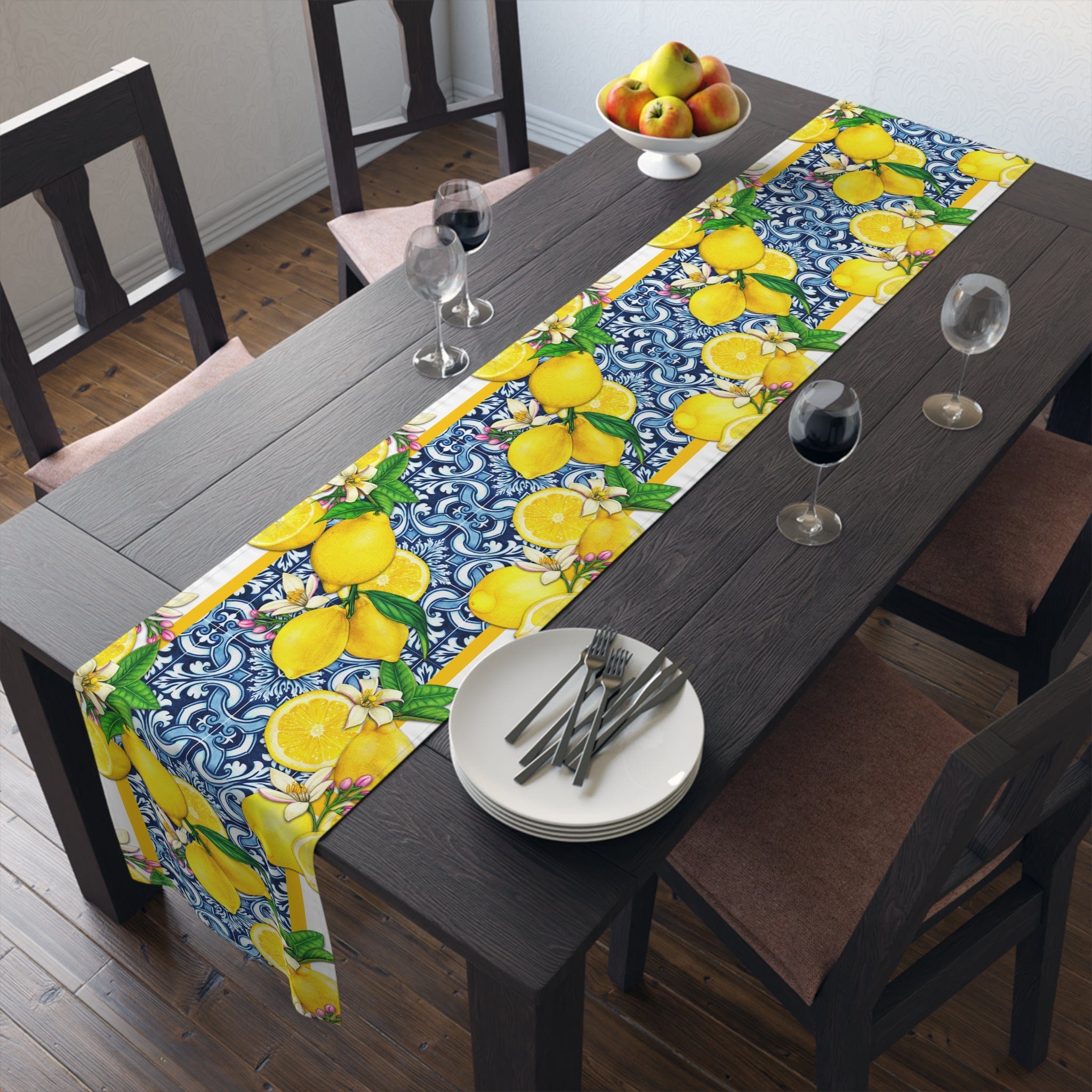 Kate McEnroe New York Cobalt Blue and Yellow Lemon &amp; Tiles Table Runner, Cotton Twill or Polyester, Mediterranean Citrus Floral Dining Table Centerpiece, Unique GiftsTable Runners59844087701463039373