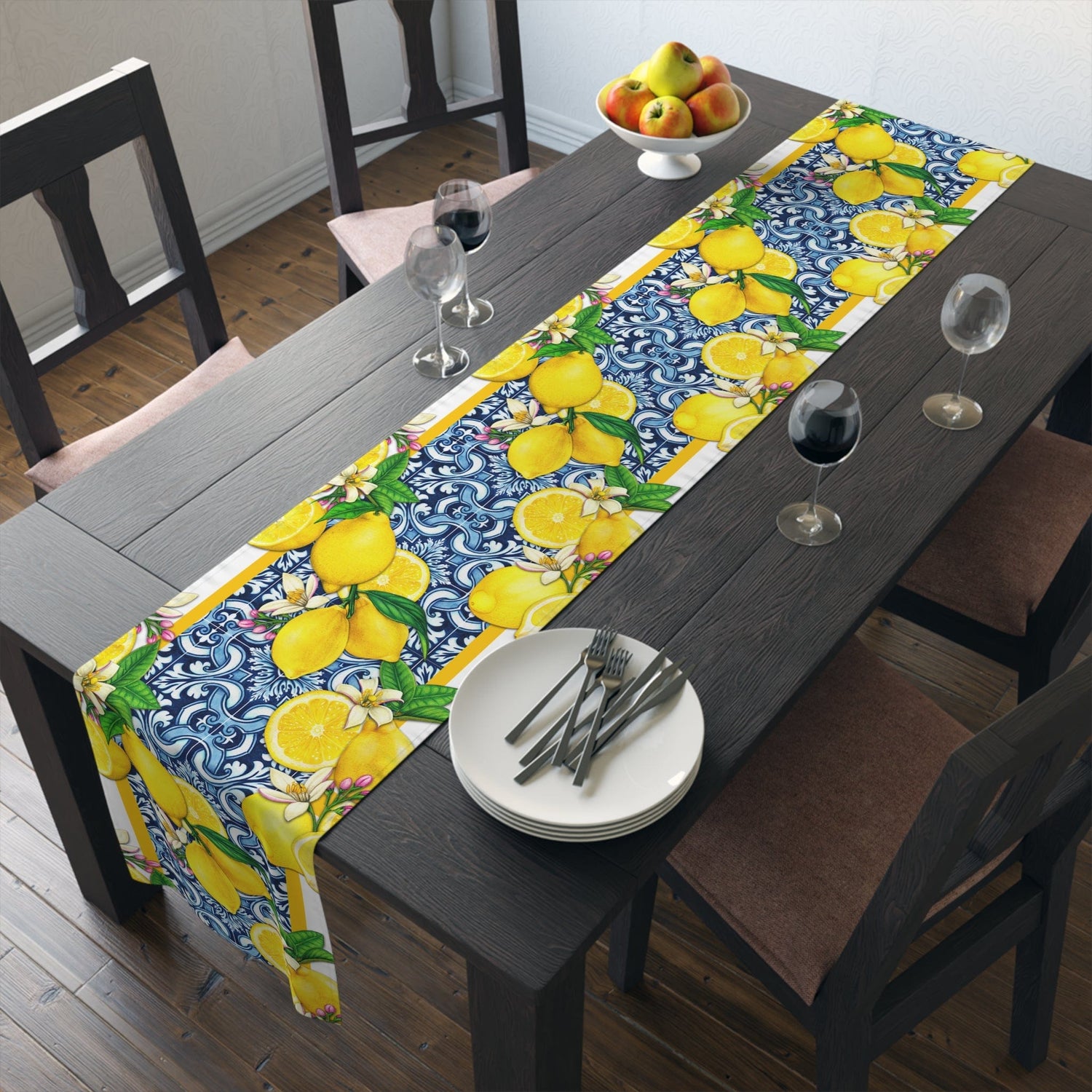 Kate McEnroe New York Cobalt Blue and Yellow Lemon &amp; Tiles Table Runner, Cotton Twill or Polyester, Mediterranean Citrus Floral Dining Table Centerpiece, Unique Gifts Table Runners