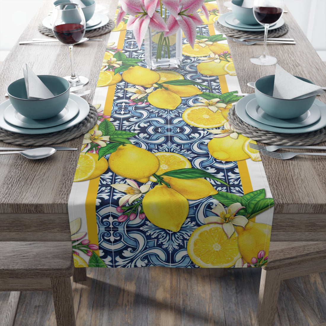 Kate McEnroe New York Cobalt Blue and Yellow Lemon &amp; Tiles Table Runner, Cotton Twill or Polyester, Mediterranean Citrus Floral Dining Table Centerpiece, Unique Gifts Table Runners