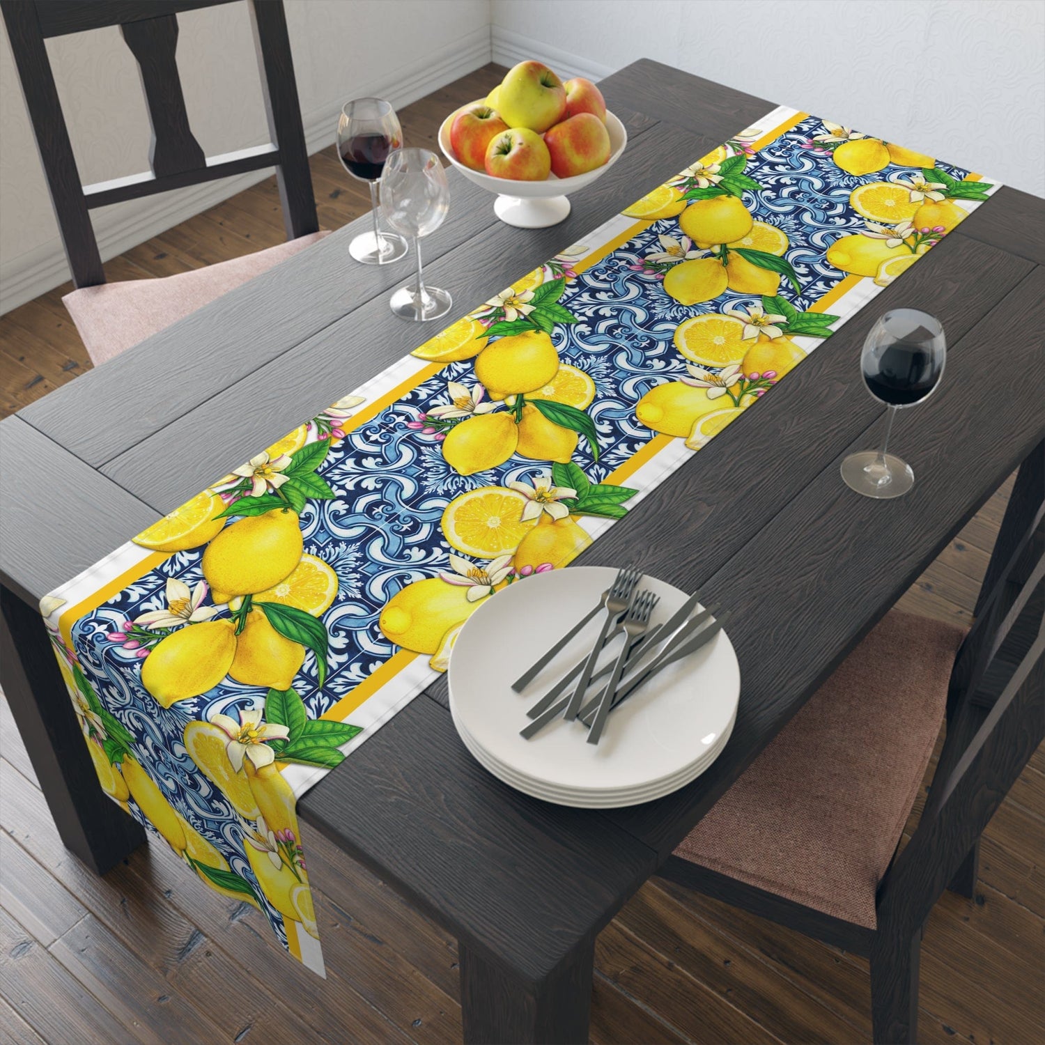 Printify Cobalt Blue and Yellow Lemon &amp; Tiles Table Runner, Cotton Twill or Polyester, Mediterranean Citrus Floral Dining Table Centerpiece, Unique Gifts Home Decor