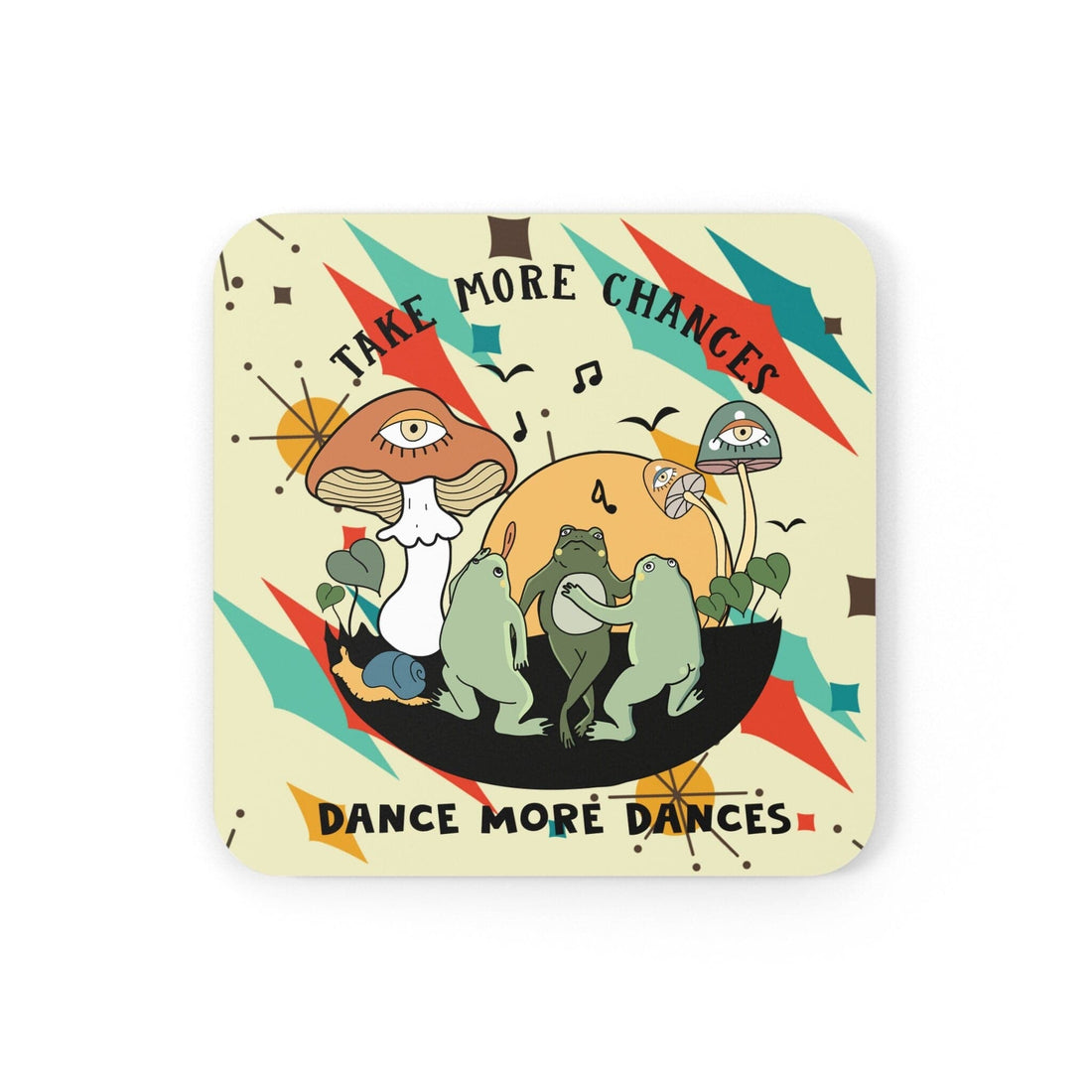 Kate McEnroe New York Cottagecore Boho Chic Dancing Frogs Mushroom Coasters, Set of 4 Cork Back Franciscan Diamond Starburst Retro Woodland Decor Coasters 23150403941621243986