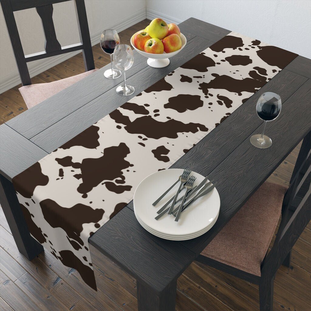 Kate McEnroe New York Cowhide Table Runner, Custom Designed Farmhouse Table Linen, Brown and White Cow Hide Print Tableware, 16x70, 16x90 Cotton, Poly Table CoverTable Runners11535473886265831305