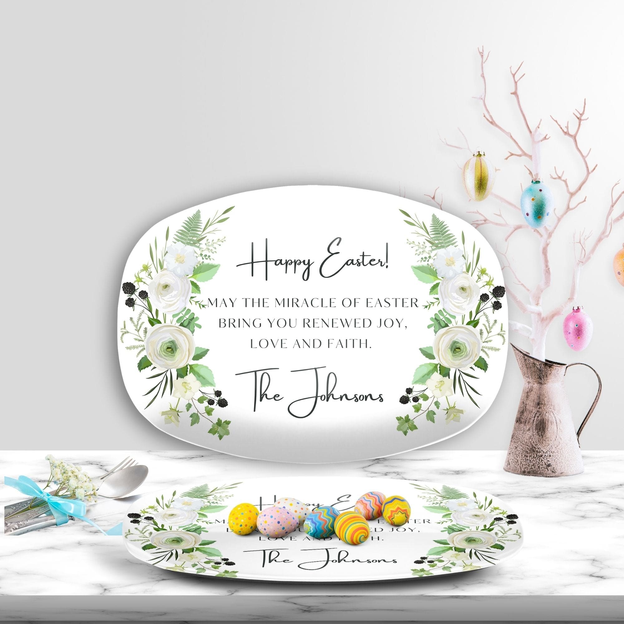 Kate McEnroe New York Custom Easter Prayer Platter, Personalized Miracle of Easter Family Serving Dish, Spring Floral Holiday Dinnerware Serving Platters 9727