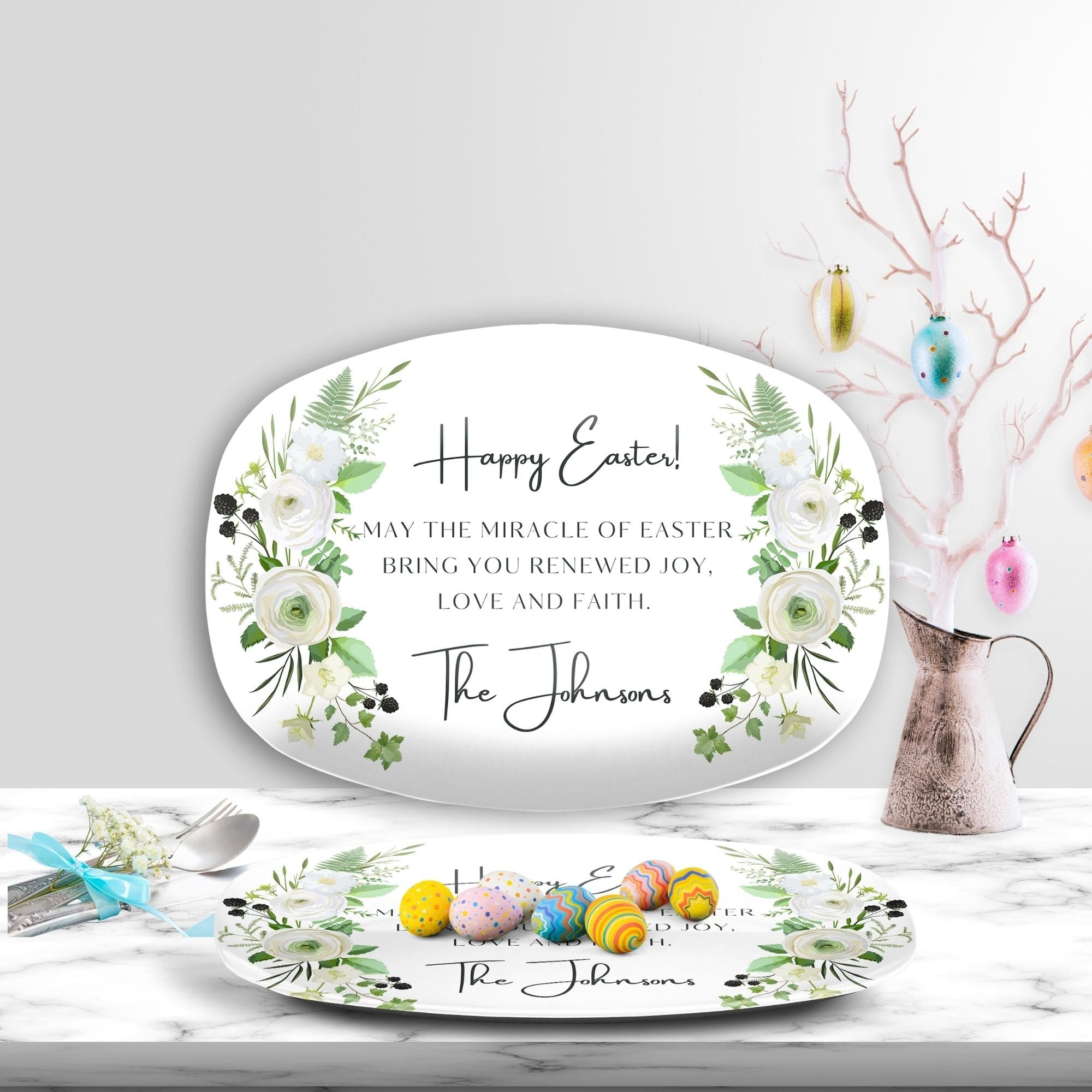 Kate McEnroe New York Custom Easter Prayer Platter, Personalized Miracle of Easter Family Serving Dish, Spring Floral Holiday DinnerwareServing PlattersP22 - PRY - EAS - 7