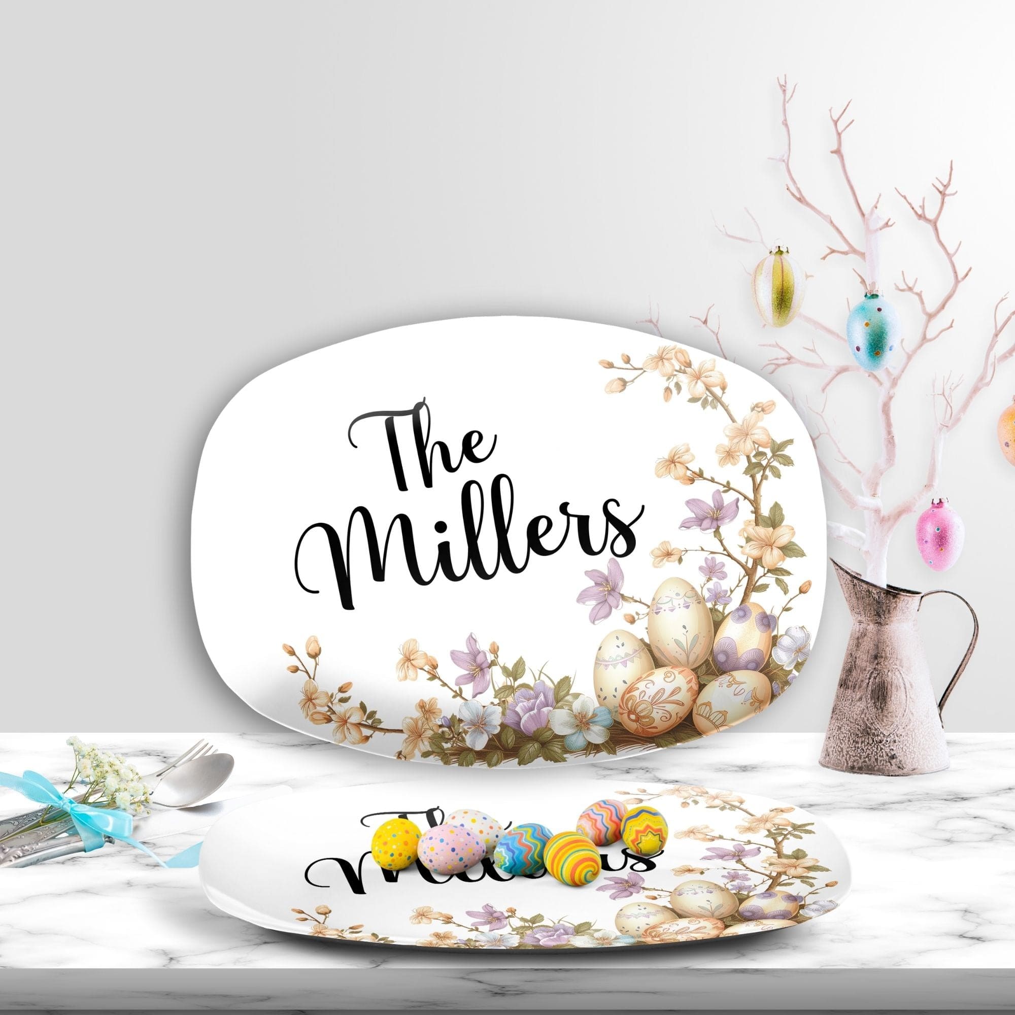 Kate McEnroe New York Custom Family Name Easter Platter, Personalized Spring Floral Serving TrayServing PlattersP22 - EAS - EGF - 8