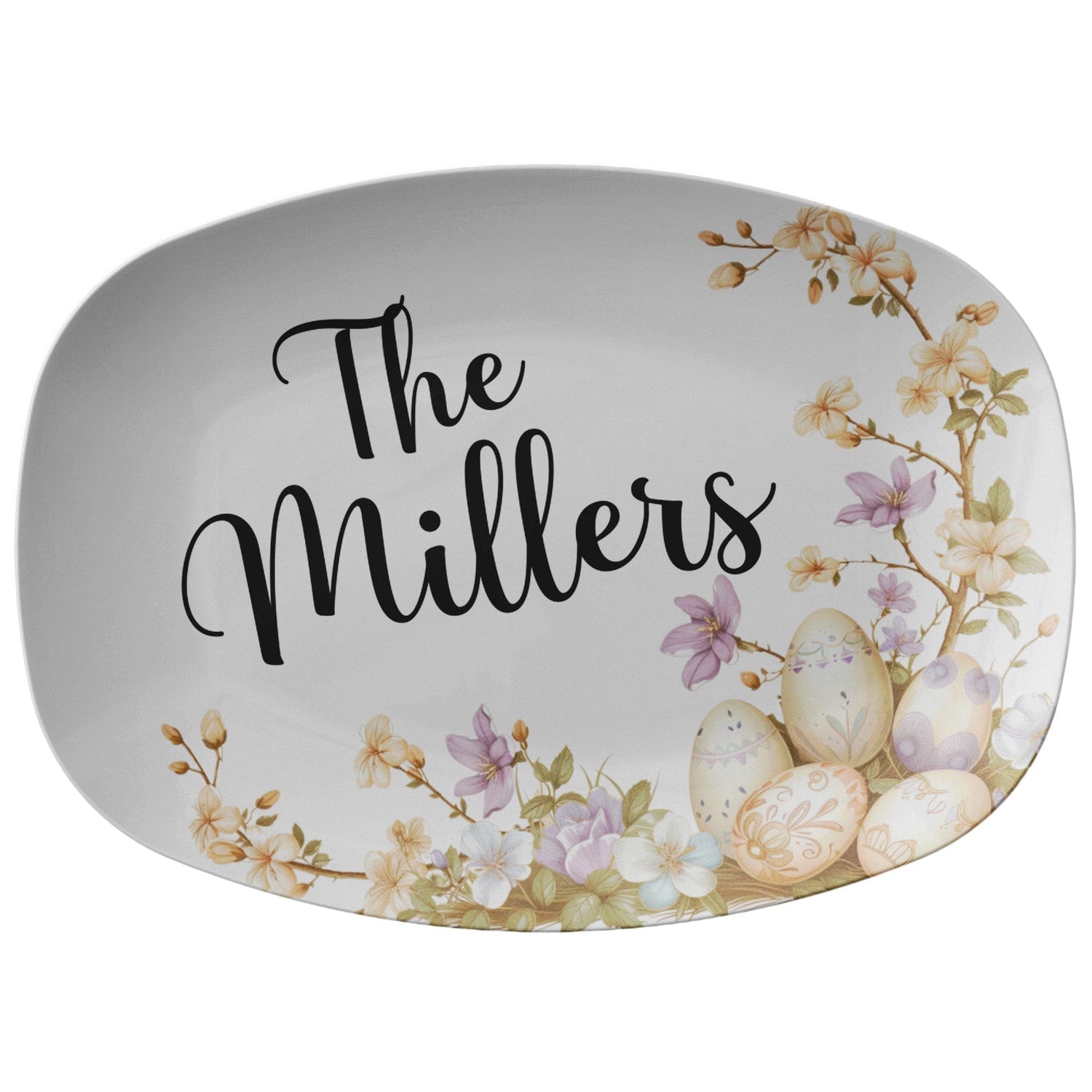 Kate McEnroe New York Custom Family Name Easter Platter, Personalized Spring Floral Serving TrayServing PlattersP22 - EAS - EGF - 8