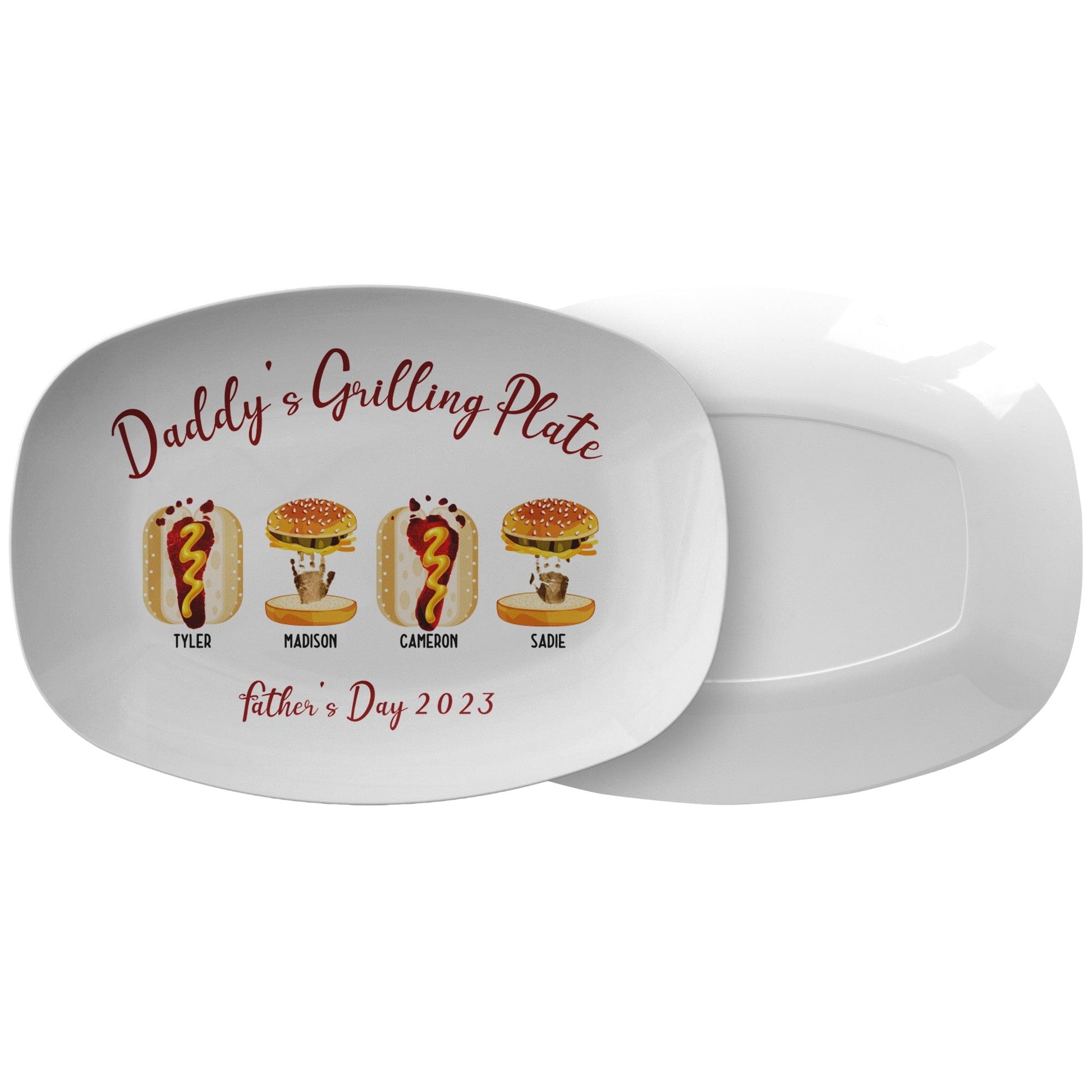 Kate McEnroe New York Custom Handprint and Footprint with Burger Hot Dog Grilling Plate - Personalized Father's Day Gift Personalized Platters