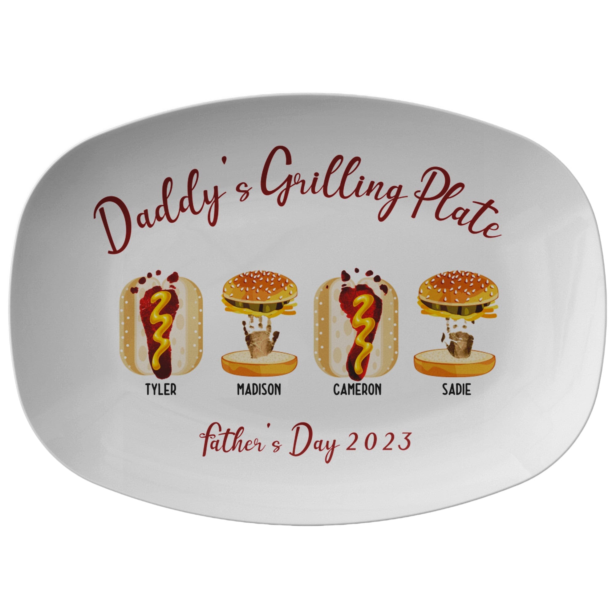 Kate McEnroe New York Custom Handprint and Footprint with Burger Hot Dog Grilling Plate - Personalized Father&