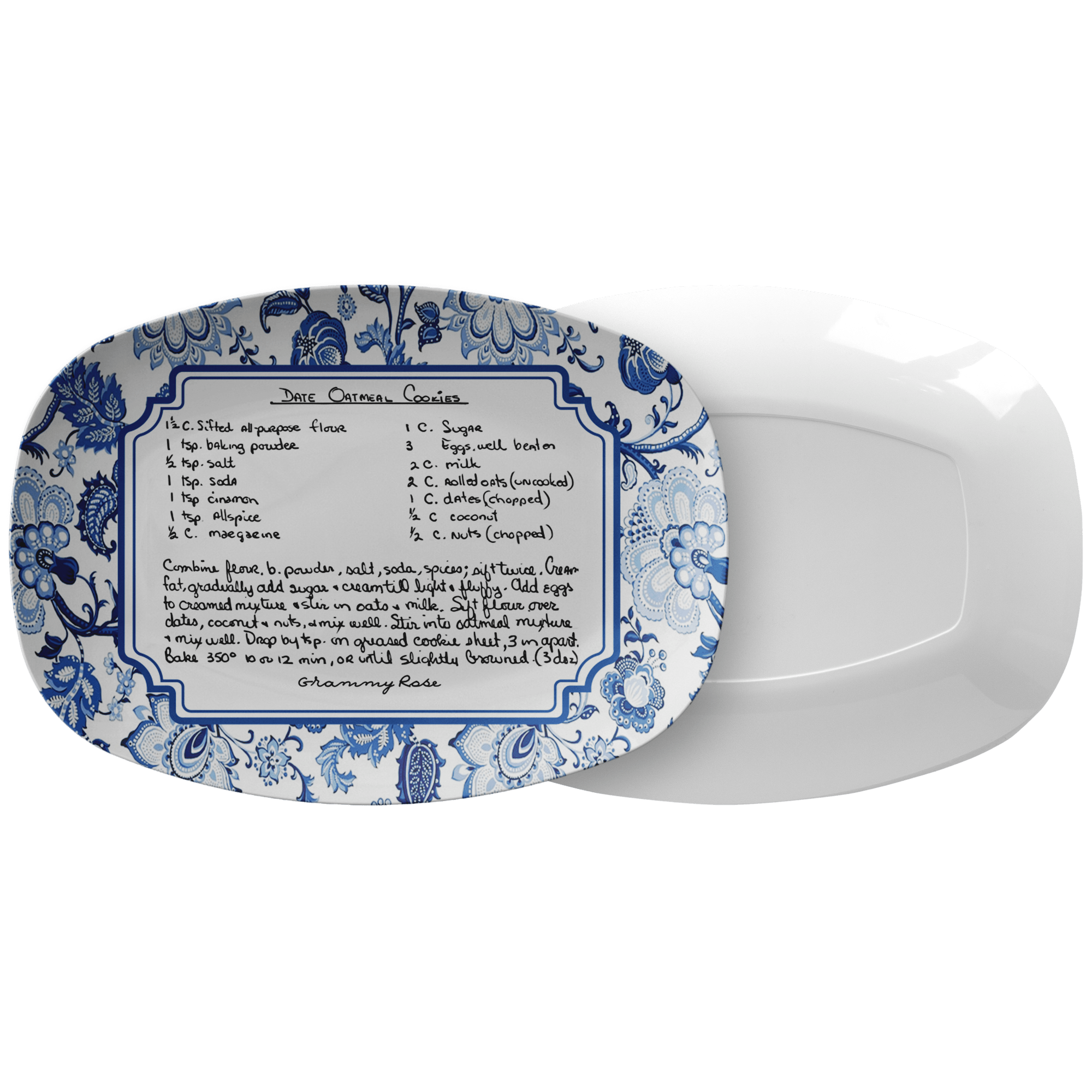 Kate McEnroe New York Custom Handwritten Recipe Blue Chinoiserie Platter, Personalized Farmhouse Floral Heirloom Dinnerware, Jacobean Recipe Family Keepsake TrayServing Platters9727