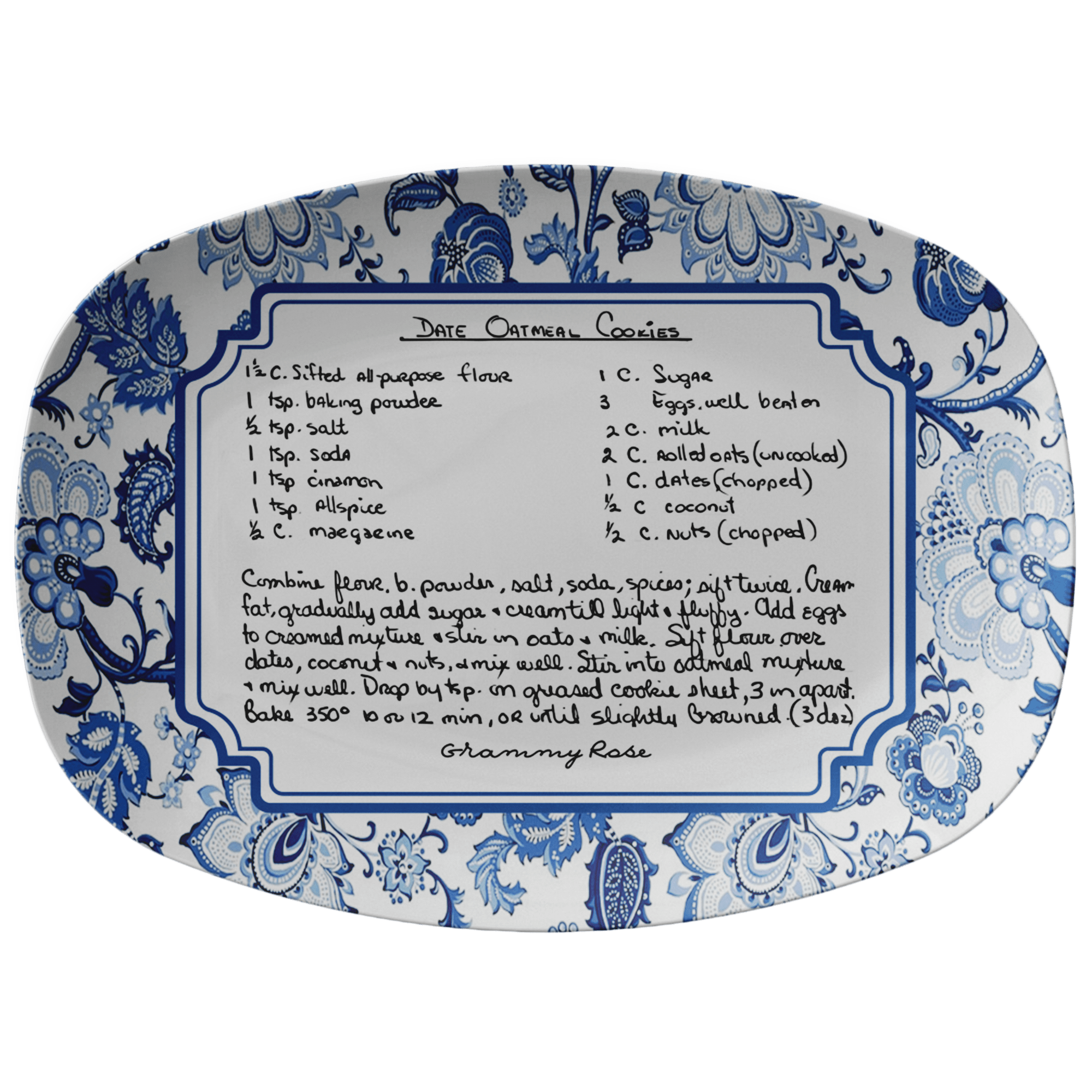 Kate McEnroe New York Custom Handwritten Recipe Blue Chinoiserie Platter, Personalized Farmhouse Floral Heirloom Dinnerware, Jacobean Recipe Family Keepsake TrayServing Platters9727