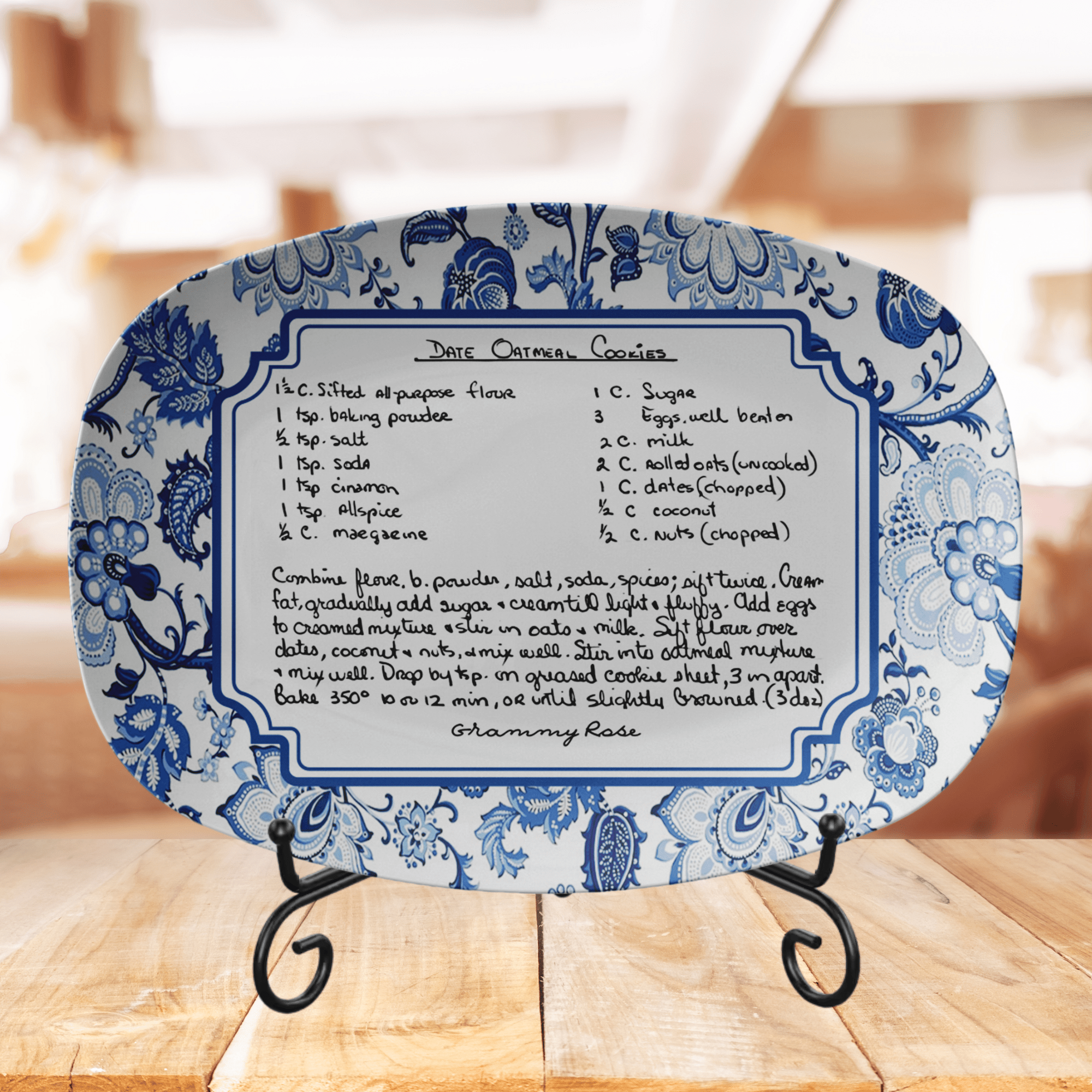 Kate McEnroe New York Custom Handwritten Recipe Blue Chinoiserie Platter, Personalized Farmhouse Floral Heirloom Dinnerware, Jacobean Recipe Family Keepsake TrayServing Platters9727