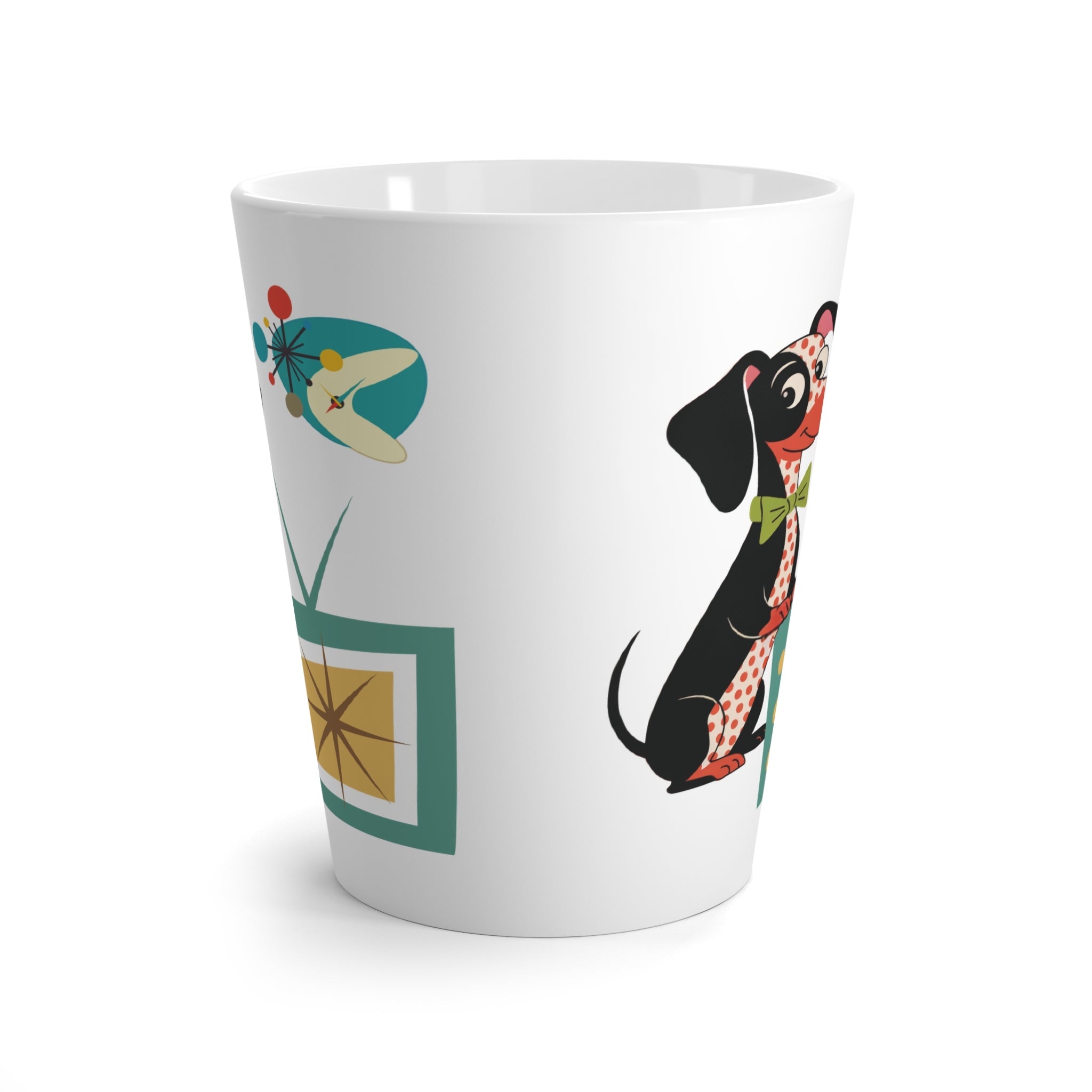 Kate McEnroe New York Dachshund Retro Starburst TV Latte Mug, Mid Century Modern Atomic Dog CupMugs21500349344286298505