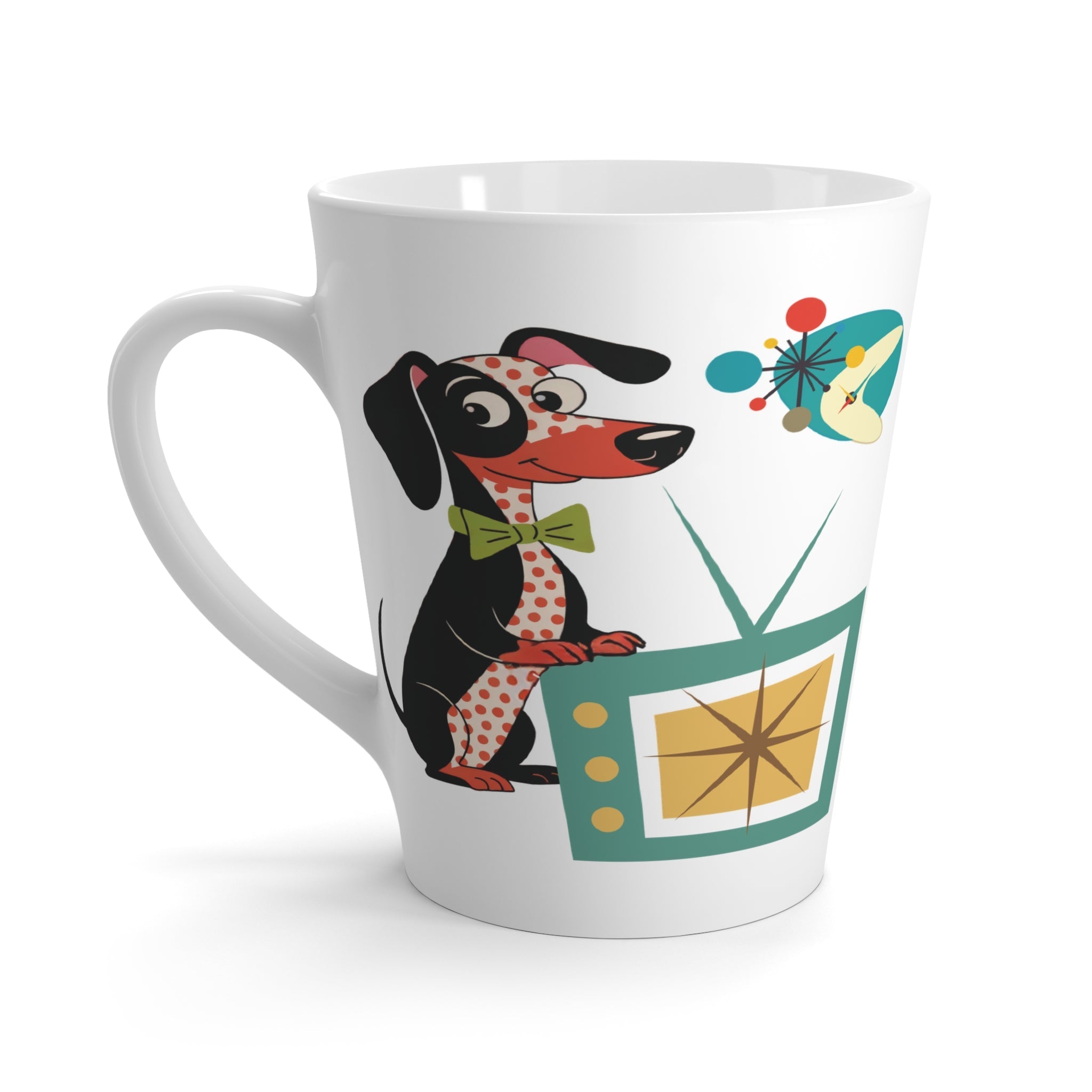 Kate McEnroe New York Dachshund Retro Starburst TV Latte Mug, Mid Century Modern Atomic Dog CupMugs21500349344286298505