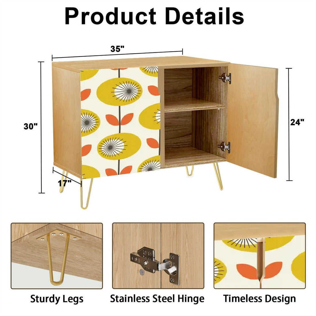 Kate McEnroe New York Danish Modern Floral Sideboard, Mid Century Scandinavian Storage Cabinet, Retro Yellow Orange CupboardStorage CabinetsyVTO4Fdgty