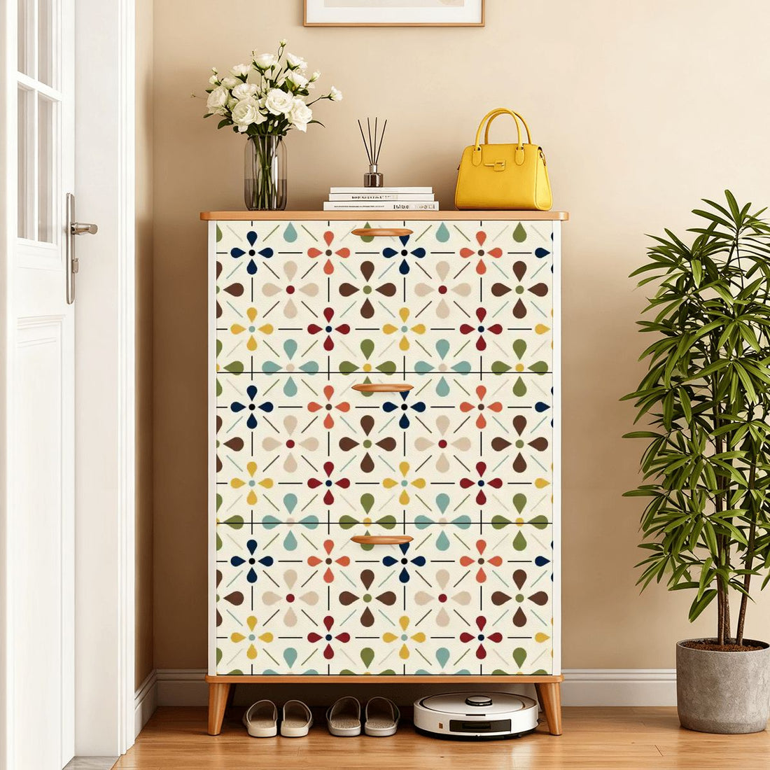 Kate McEnroe New York Danish Scandi Floral Shoe Storage, Mid Century Modern Cabinet, Retro Entryway OrganizerShoe Storagen0WRm1ailf