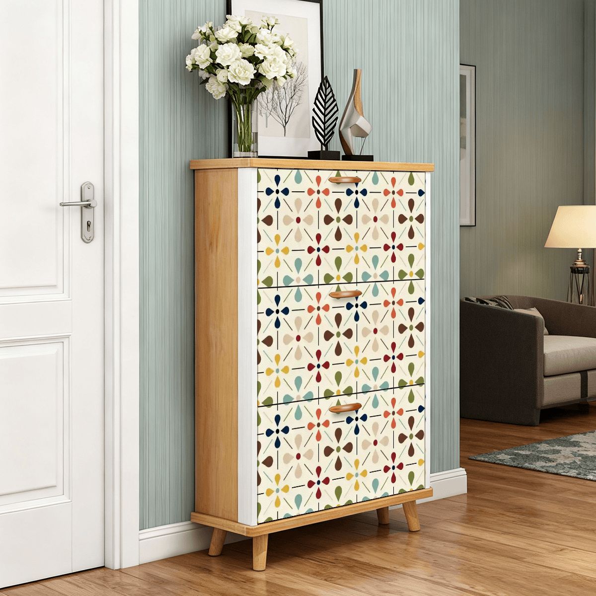 Kate McEnroe New York Danish Scandi Floral Shoe Storage, Mid Century Modern Cabinet, Retro Entryway OrganizerShoe Storagen0WRm1ailf