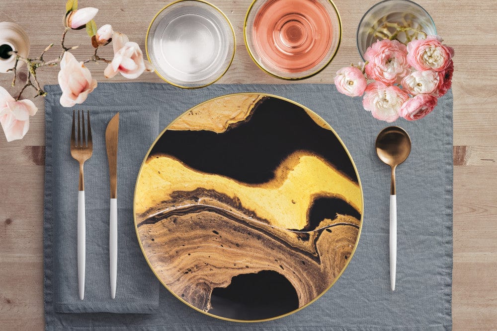 Kate McEnroe New York Dinner Plate in Black and Gold Abstract Liquid Marble Print Plates