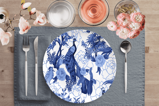 Kate McEnroe New York Dinner Plate in Elegant Chinoiserie Floral Peacock Plates Single 9820SINGLE