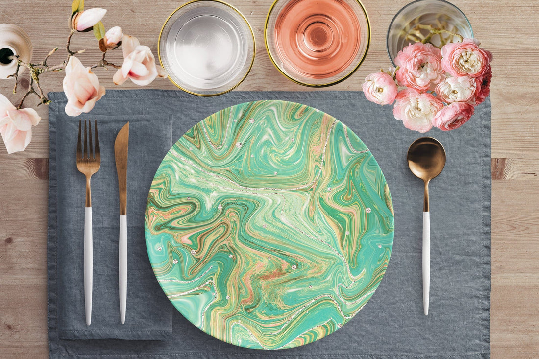 Kate McEnroe New York Dinner Plate in Summer Ocean Marble Watercolor ArtPlatesP20 - SUM - MAB - S49