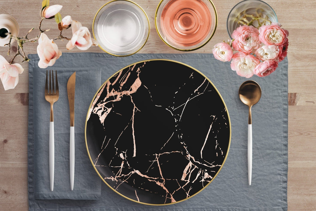 Kate McEnroe New York Dinner Plates in Luxurious Black &amp; Gold Marble Veins with Gold RimPlates9820SINGLE