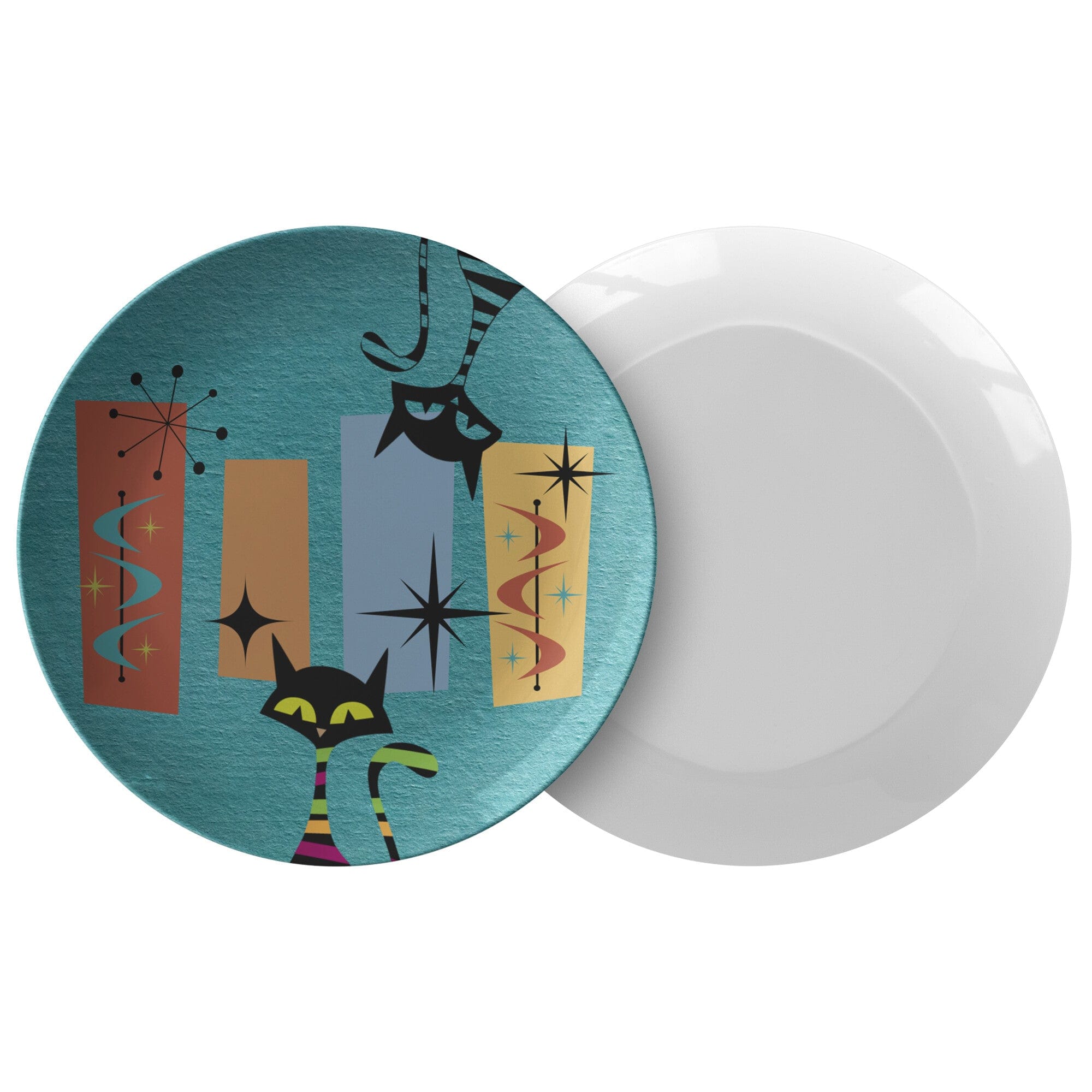 Kate McEnroe New York Dinner Plates in Mid Century Modern Teal Geometric Atomic CatPlatesP20 - GEO - TEA - 2S