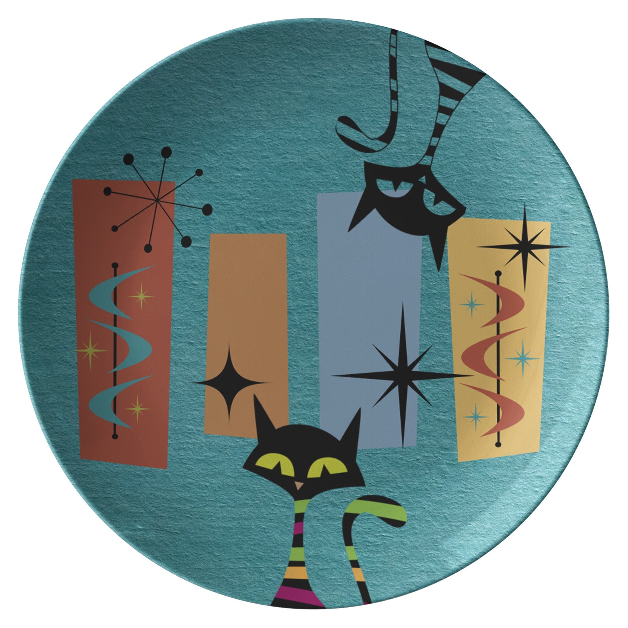 Kate McEnroe New York Dinner Plates in Mid Century Modern Teal Geometric Atomic CatPlatesP20 - GEO - TEA - 2S