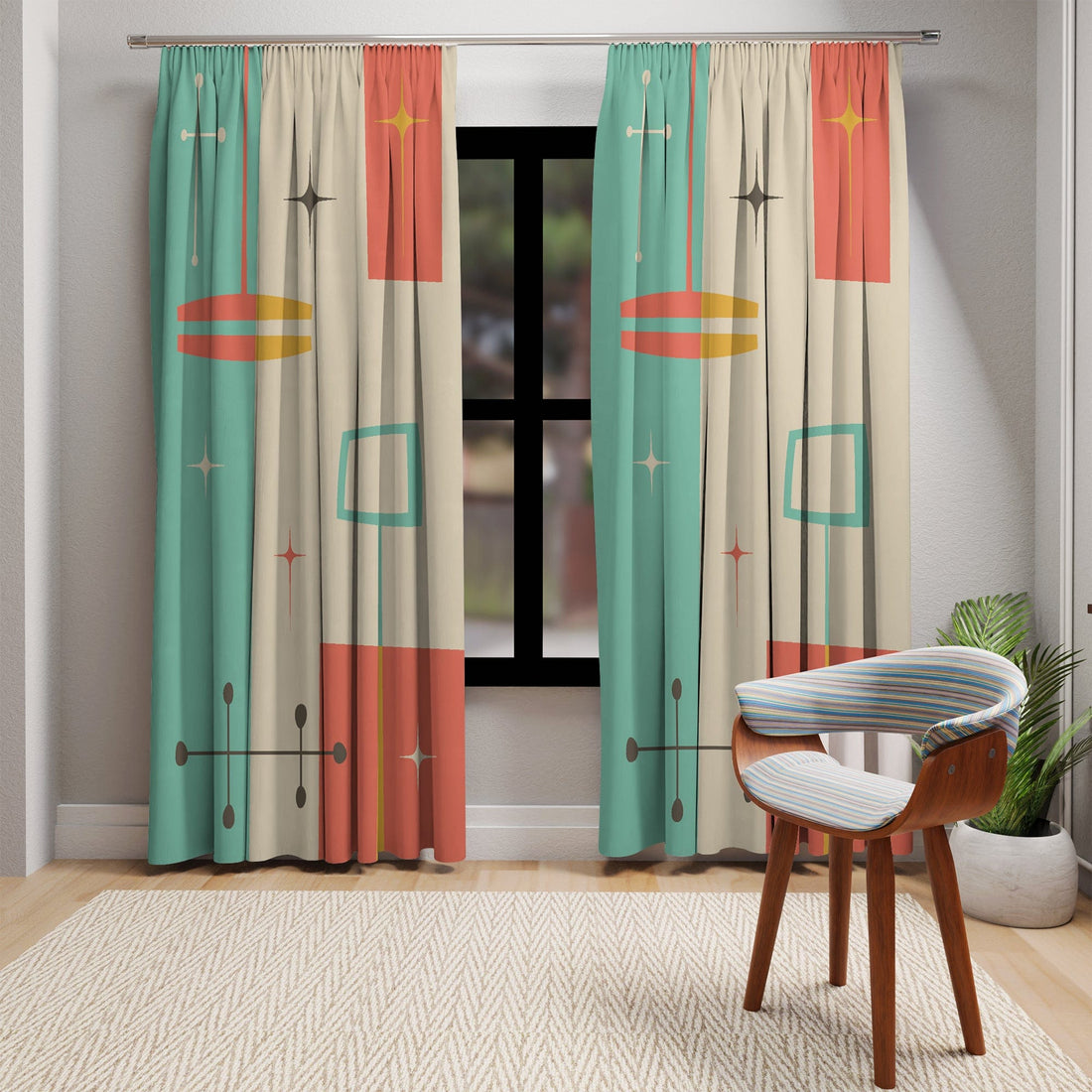 Kate McEnroe New York Double Panel Window Curtains in Mid Century Modern Geometric Abstract PrintWindow CurtainsCurtainSheer - 50x84 - DoublePanel - 20220823181102249