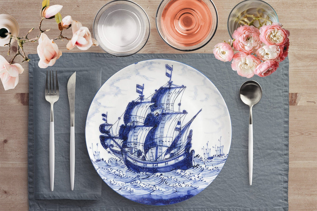 Kate McEnroe New York Dutch Delft Blue Whaling Ship Dinner Plates Kitchenware