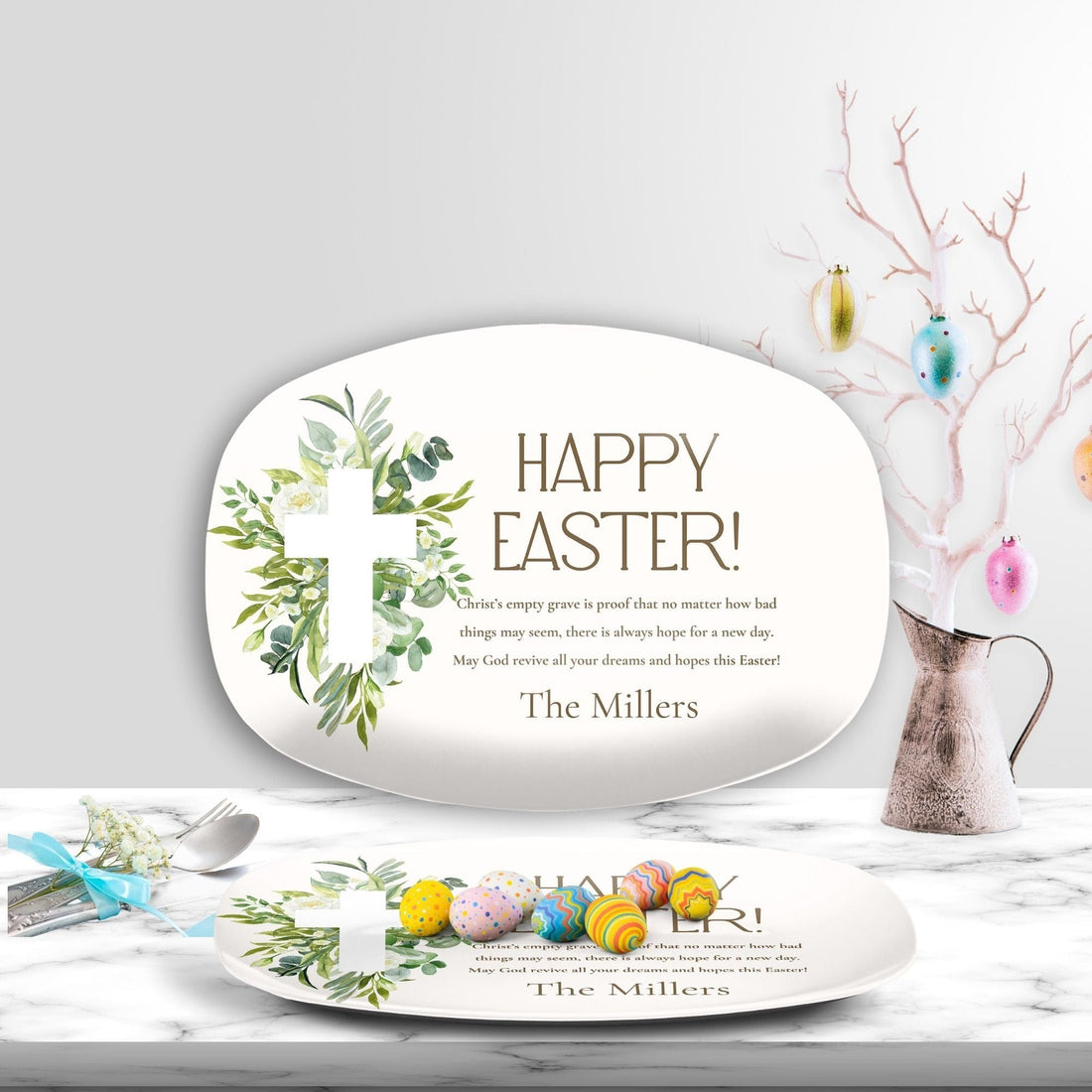 Kate McEnroe New York Easter Prayer Platter Personalized, Faithful Blessings, Family Name Custom Cross and Floral Easter Serving TrayServing PlattersP22 - CHR - EAS - 6