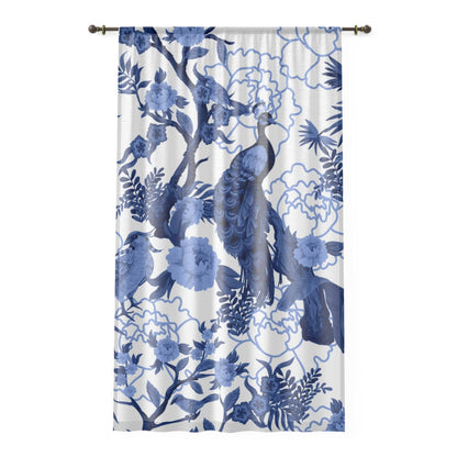 Kate McEnroe New York Elegant Chinoiserie Floral Peacock Window Curtains, Blue and White Botanical Toile Panels with Peacocks and Jungle Motifs Window Curtains