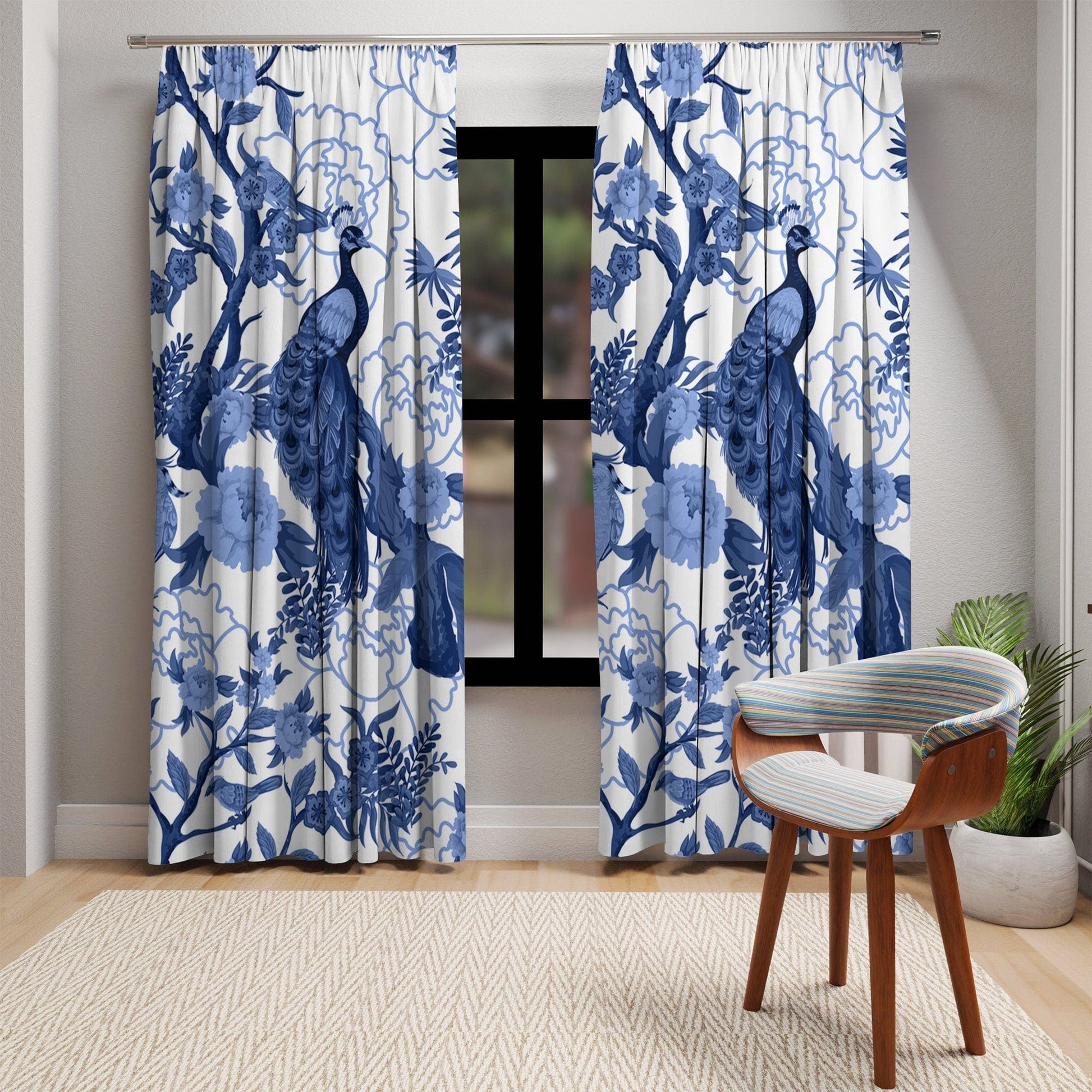 Kate McEnroe New York Elegant Chinoiserie Floral Peacock Window Curtains, Blue and White Botanical Toile Panels with Peacocks and Jungle Motifs Window Curtains