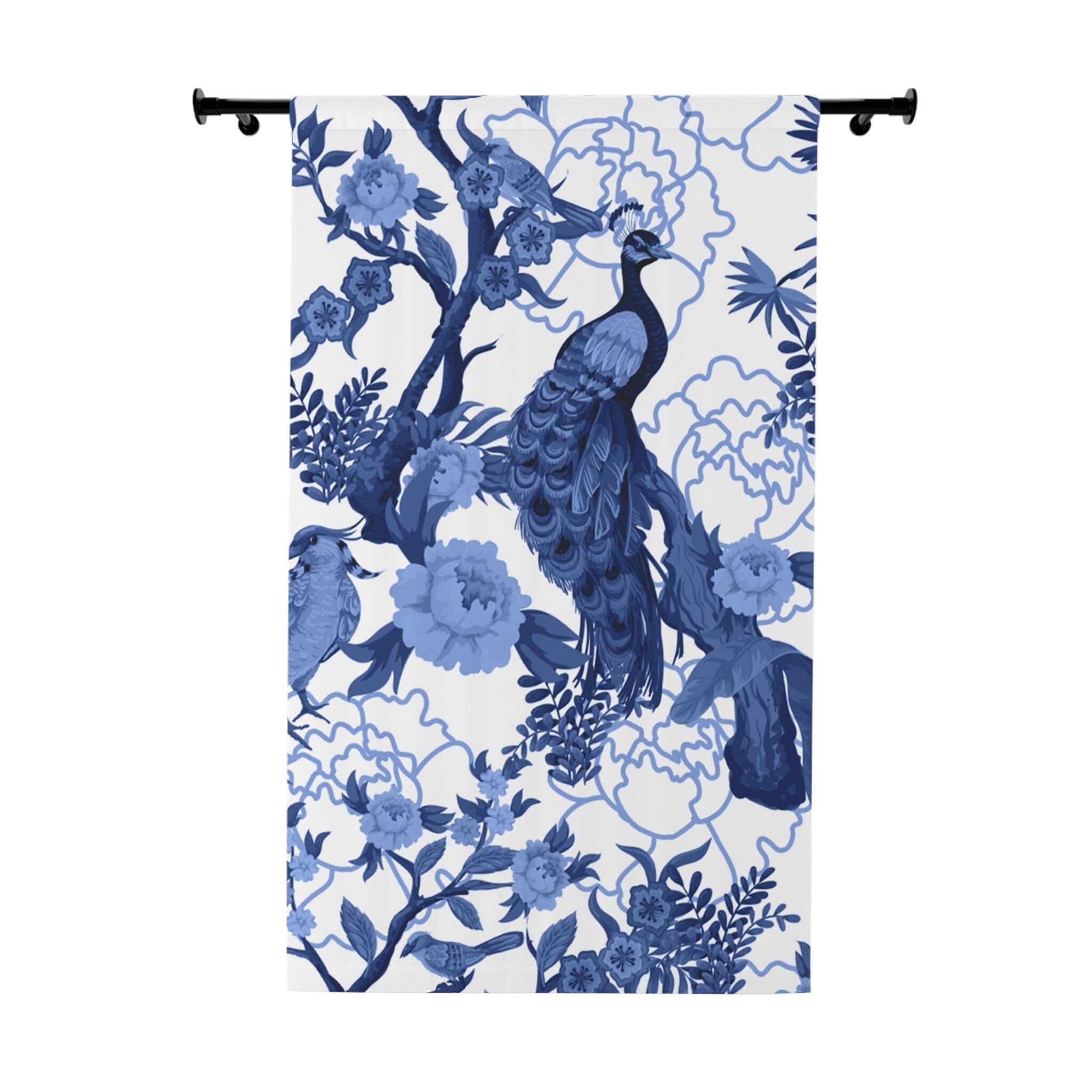 Kate McEnroe New York Elegant Chinoiserie Floral Peacock Window Curtains, Blue and White Botanical Toile Panels with Peacocks and Jungle MotifsWindow CurtainsW3S - PEA - COK - SH4