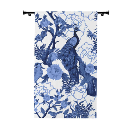 Kate McEnroe New York Elegant Chinoiserie Floral Peacock Window Curtains, Blue and White Botanical Toile Panels with Peacocks and Jungle MotifsWindow CurtainsW3S - PEA - COK - SH4