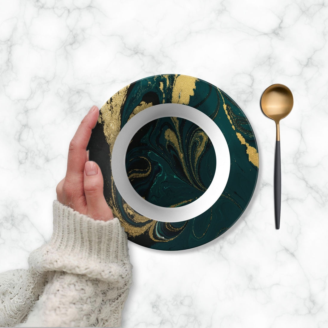 Kate McEnroe New York Emerald and Gold Swirl Marble Bowl, Mid - Century Modern DinnerwareBowls9609