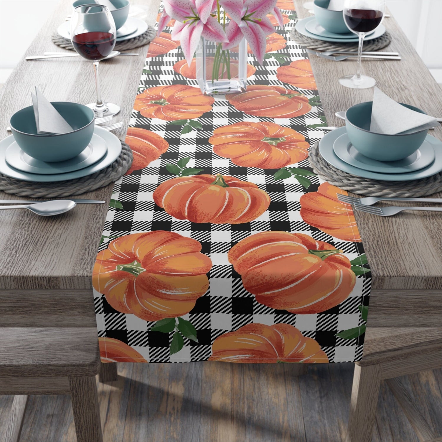 Kate McEnroe New York Fall Pumpkins Gingham Table Runner, Autumn Kitchen Decor, Thanksgiving Dining Table Decoration, Fall Floral Tabletop Decor, Table Linen GiftTable Runners16580672564762382852