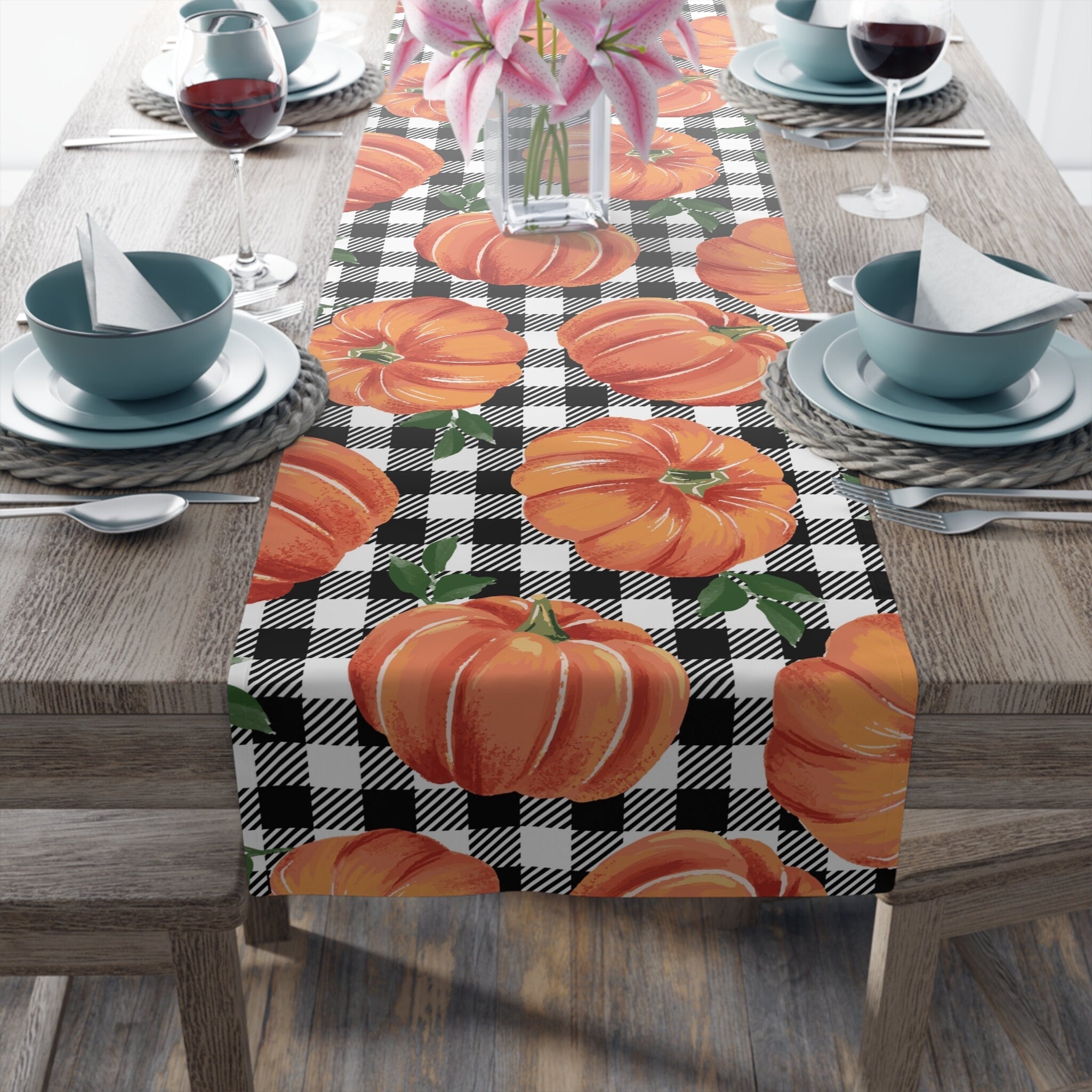 Kate McEnroe New York Fall Pumpkins Gingham Table Runner, Autumn Kitchen Decor, Thanksgiving Dining Table Decoration, Fall Floral Tabletop Decor, Table Linen GiftTable Runners16580672564762382852